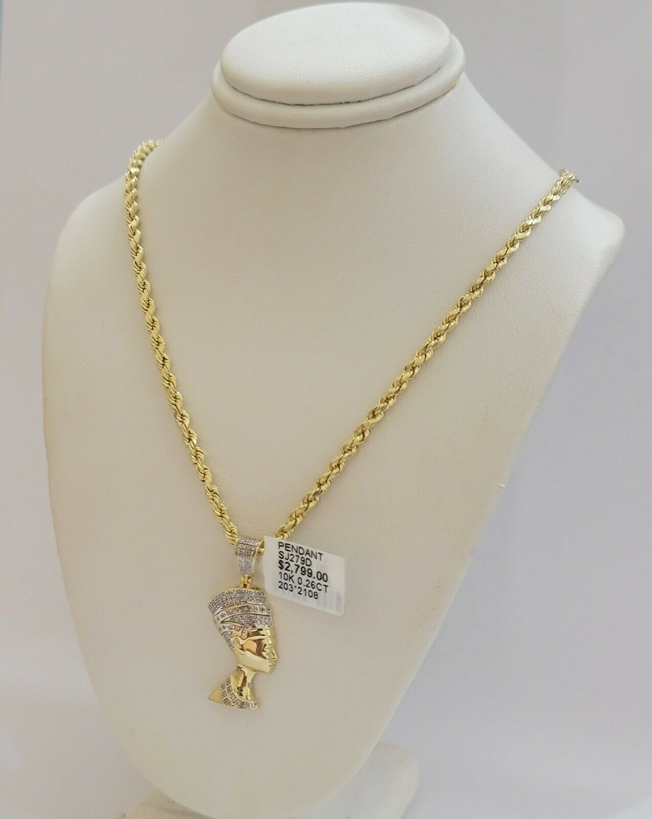 REAL 10k Gold Rope Chain Diamond Pendant Pharaoh Head SET 3mm Necklace 18" - 28" - GoldenlinQ