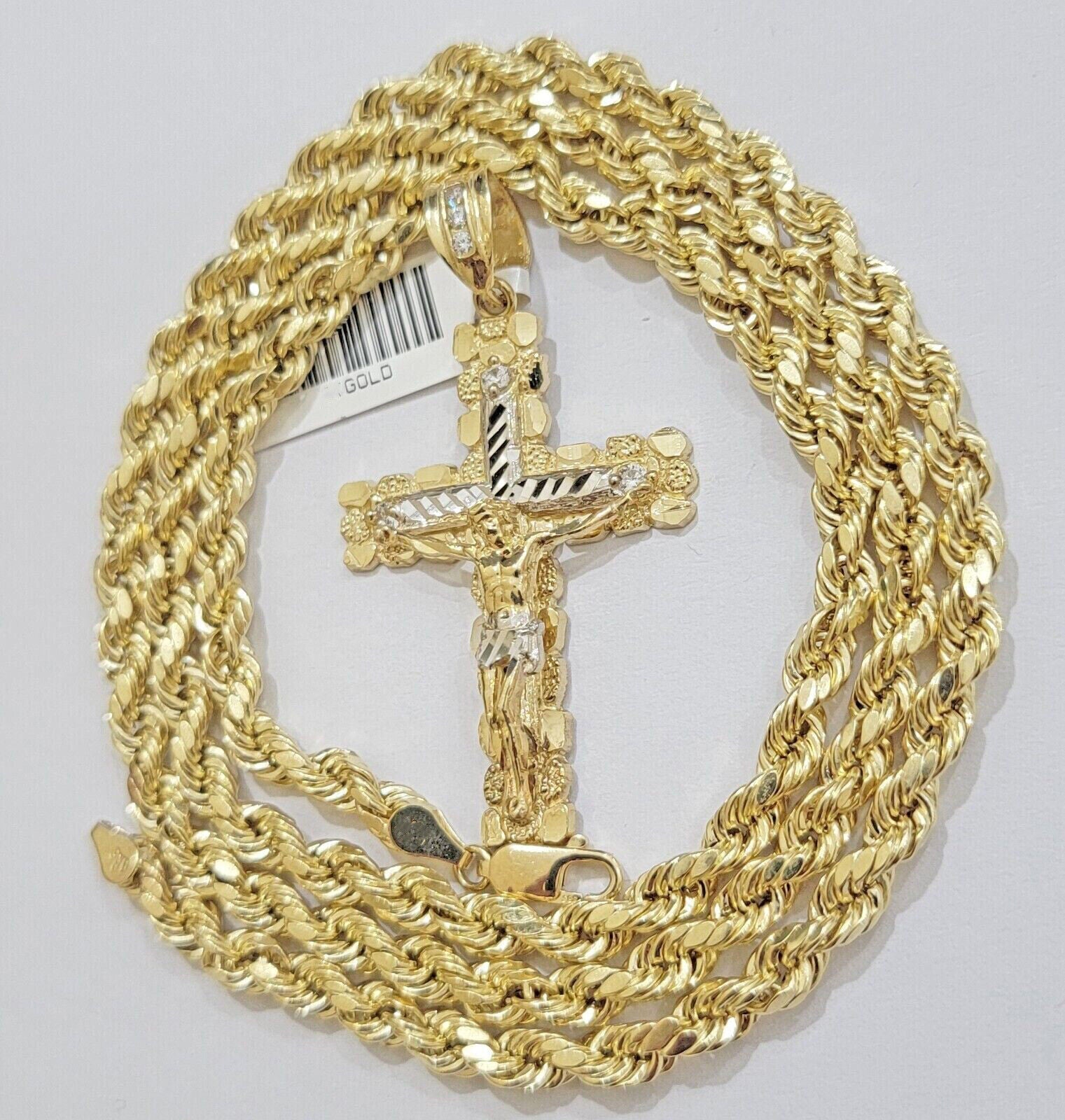 Real 10k Gold Rope Chain Jesus Cross Charm Pendant Set 18 - 28" inch 4mm Necklace - GoldenlinQ