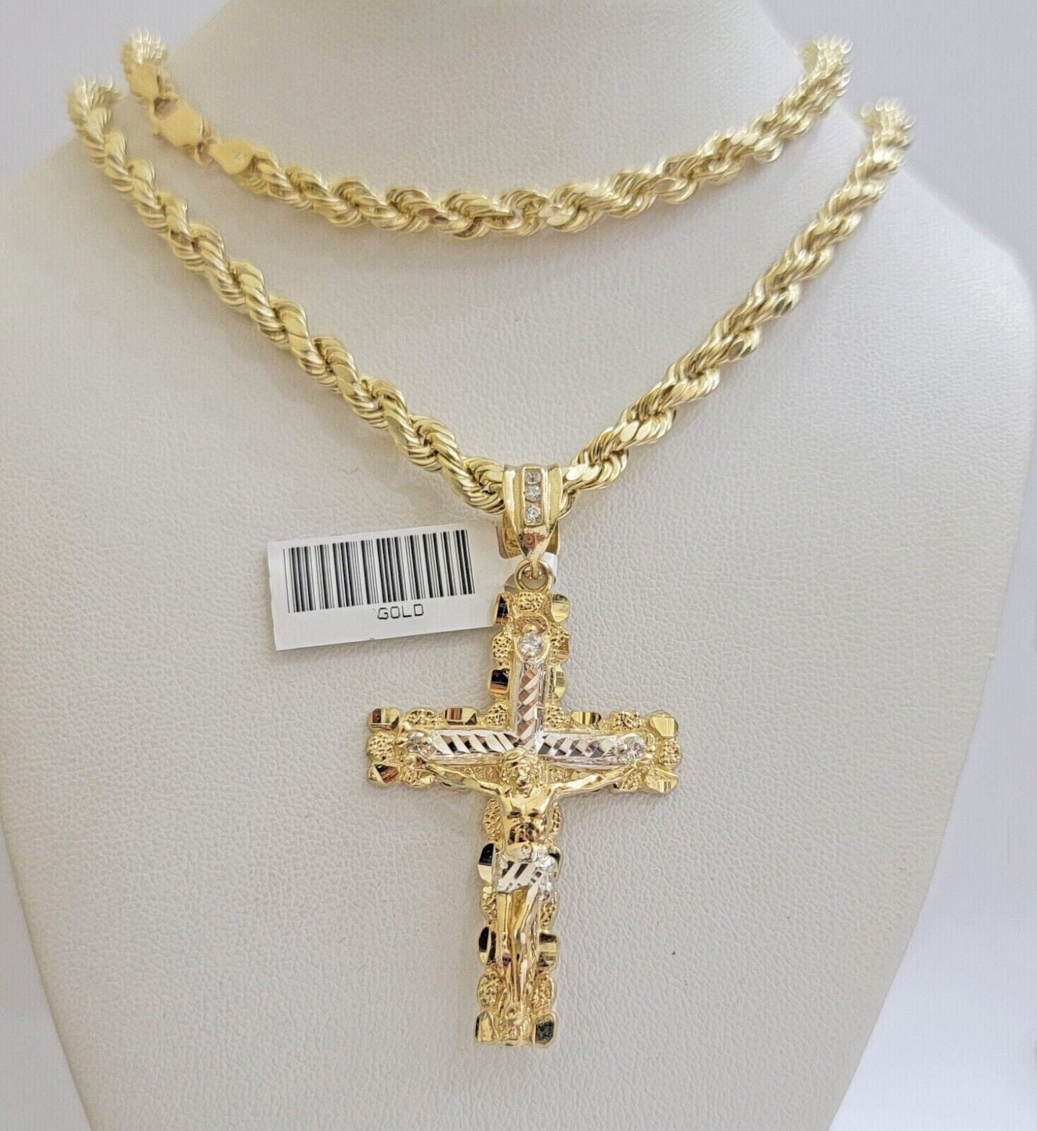 Real 10k Gold Rope Chain Jesus Cross Charm Pendant Set 18 - 28" inch 4mm Necklace - GoldenlinQ