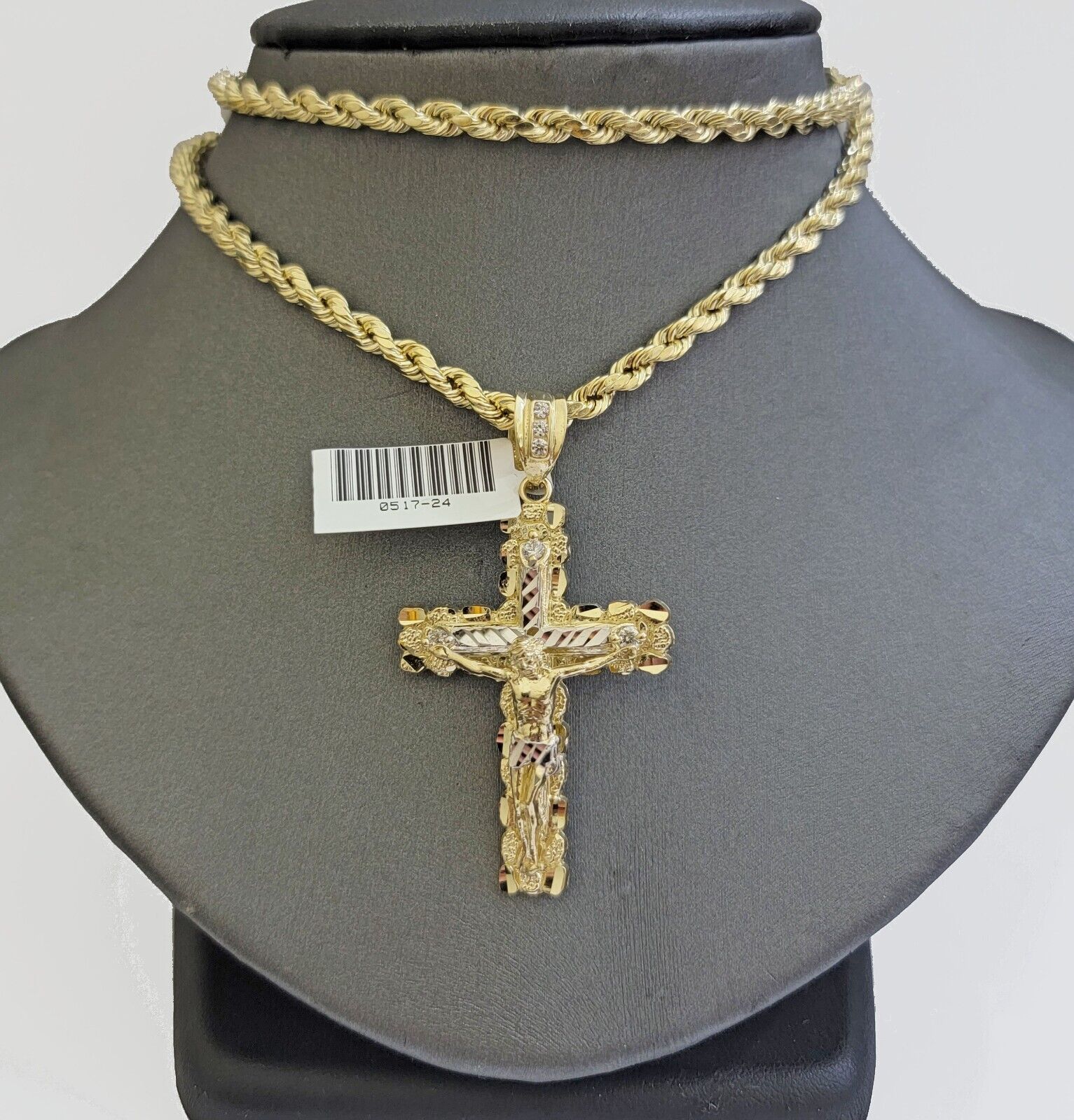 Real 10k Gold Rope Chain Jesus Cross Charm SET 4mm 20'' Necklace & Pendant Men's - GoldenlinQ