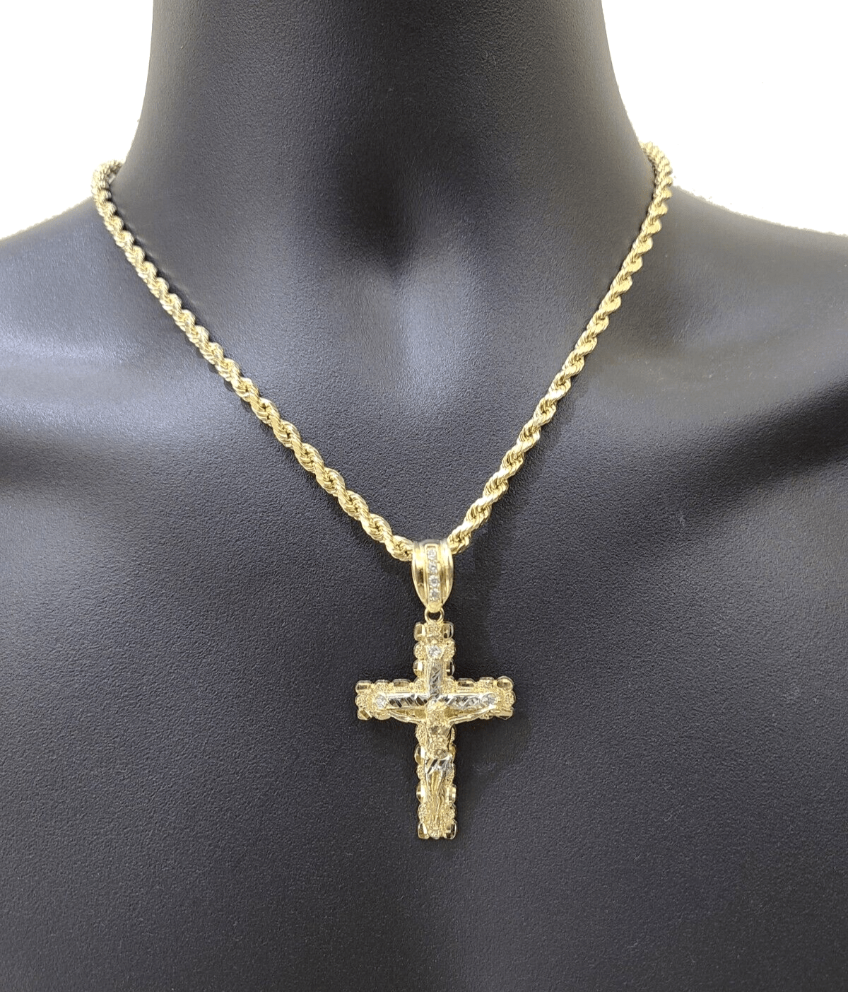 Real 10k Gold Rope Chain Jesus Cross Charm SET 4mm 20'' Necklace & Pendant Men's - GoldenlinQ