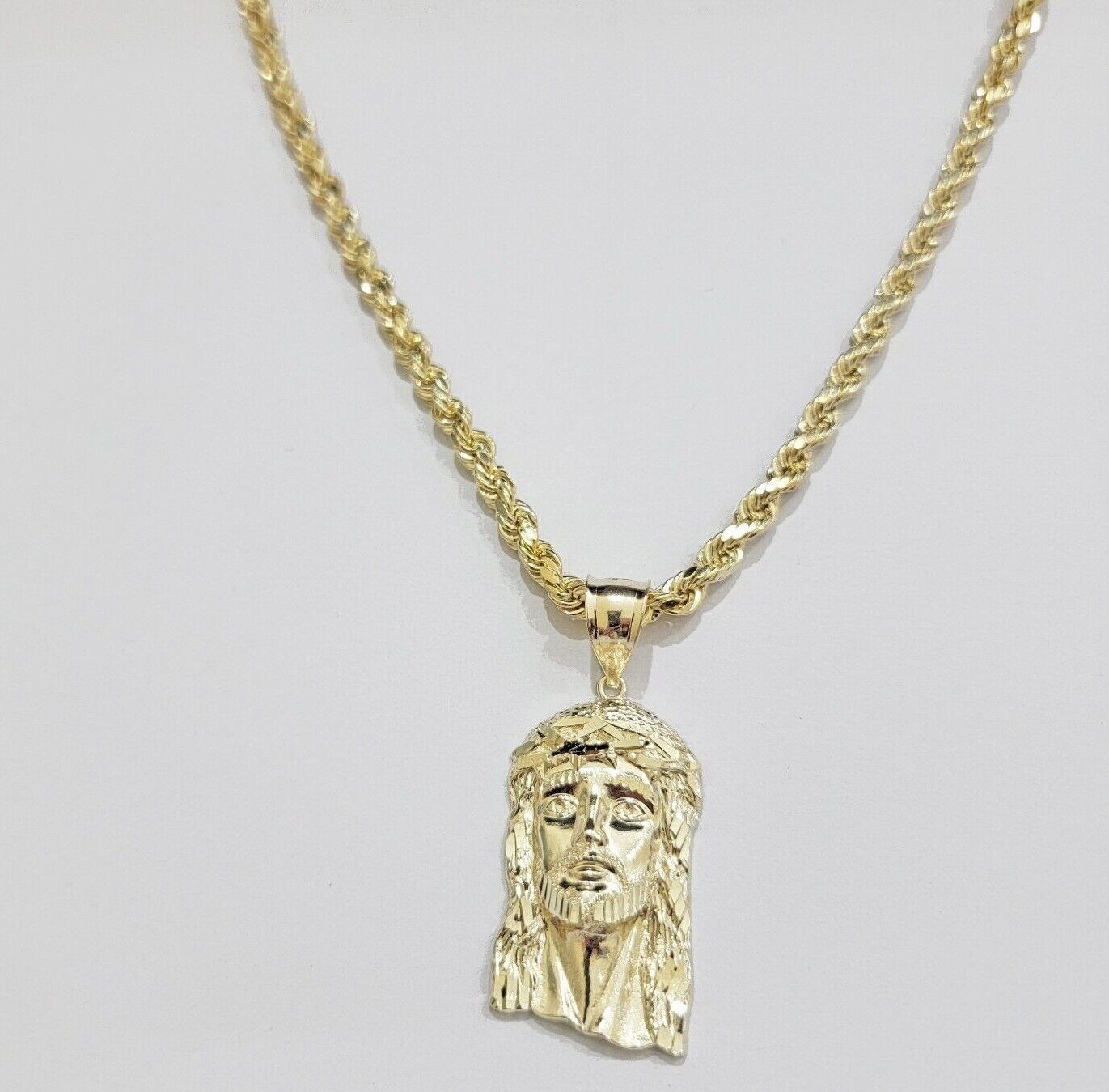 Real 10k Gold Rope Chain & Jesus Face Charm Pendant SET 5mm 18 - 28 inch Necklace - GoldenlinQ