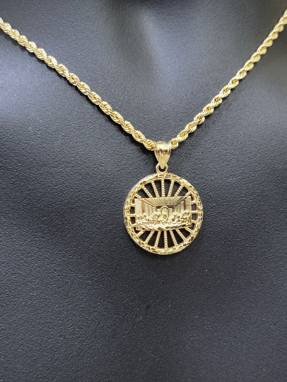 Real 10k Gold Rope Chain Last Supper Pendant Set, 26 Inch 3mm necklace & Charm - GoldenlinQ