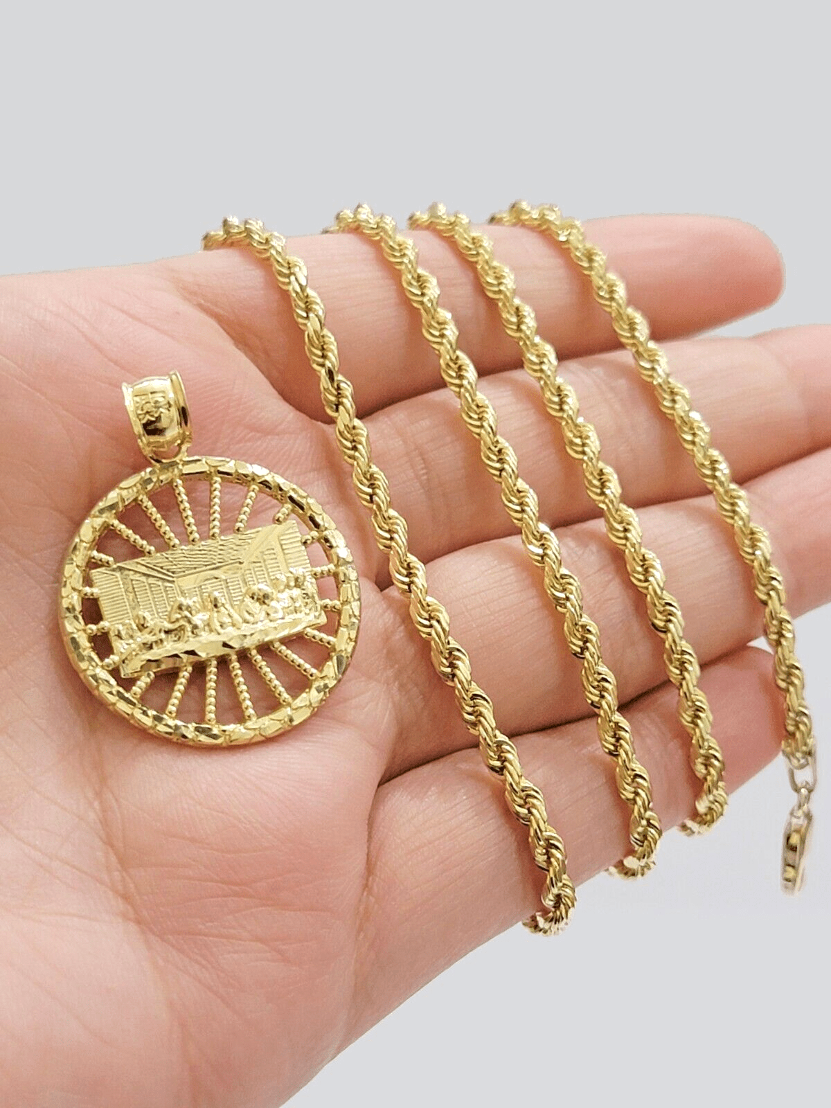 Real 10k Gold Rope Chain Last Supper Pendant Set, 28 Inch 3mm necklace & Charm - GoldenlinQ