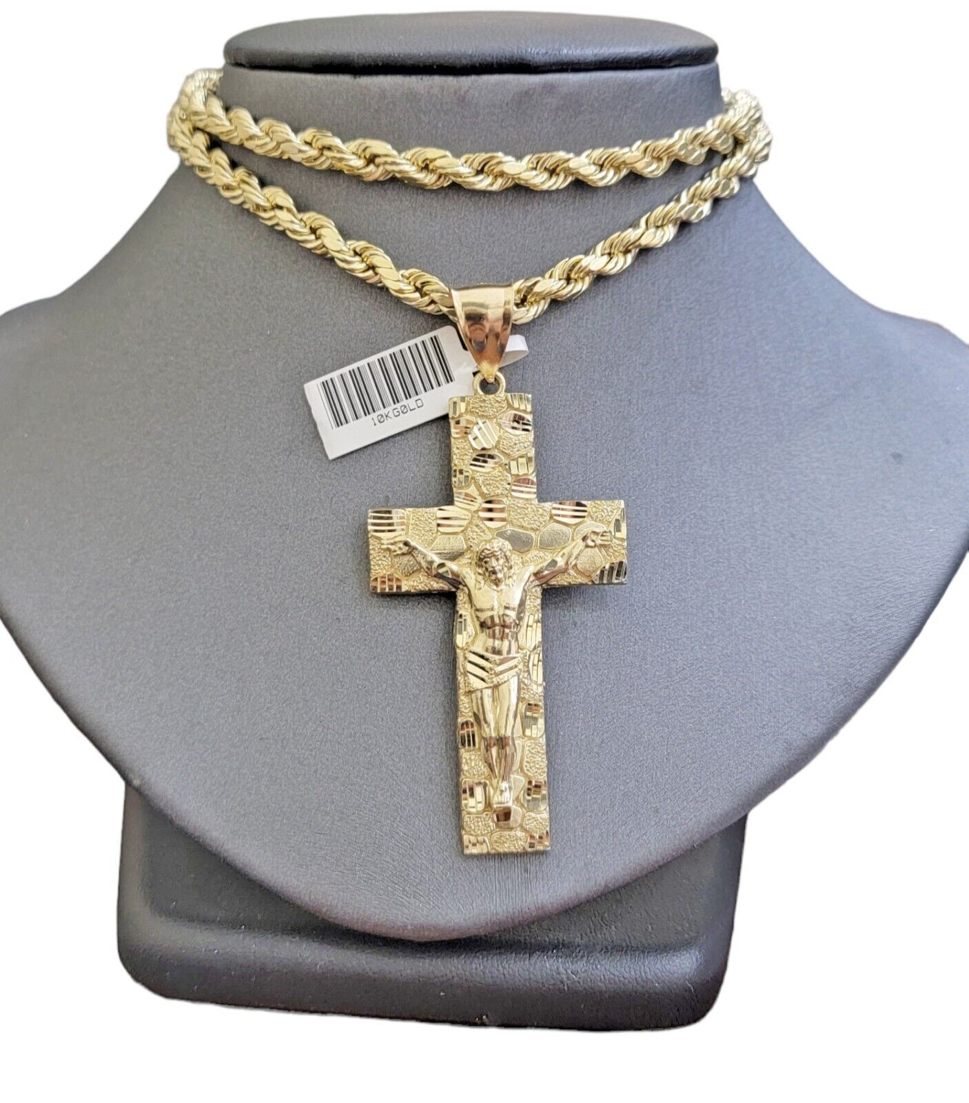 Real 10k Gold Rope Chain Necklace Jesus Cross Charm Pendant Set 20 - 28" inch 5mm - GoldenlinQ