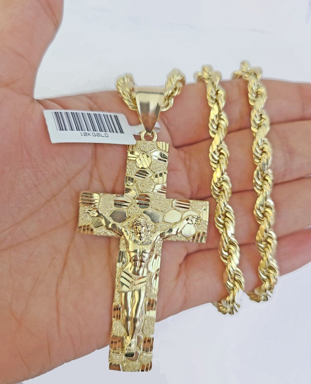 Real 10k Gold Rope Chain Necklace Jesus Cross Charm Pendant Set 20 - 28" inch 5mm - GoldenlinQ