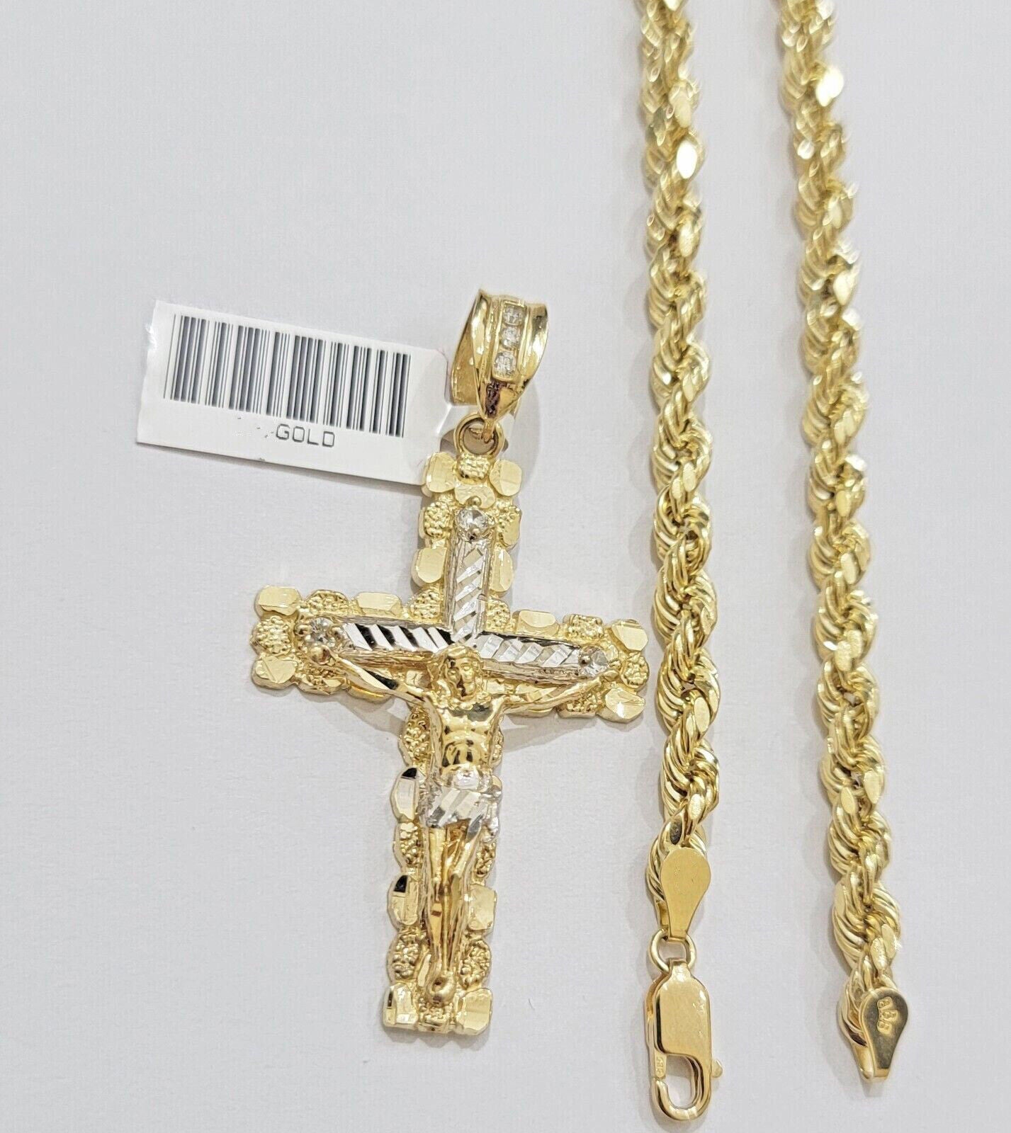 Real 10k Gold Rope Chain With Cross Charm Pendant Set 26 inch 4mm Necklace Men's - GoldenlinQ