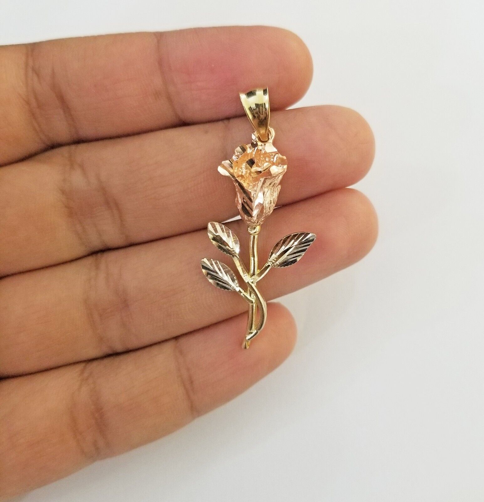 Real 10k Gold Rose Pendant ladies Flower Charm 10kt trio gold Women - GoldenlinQ