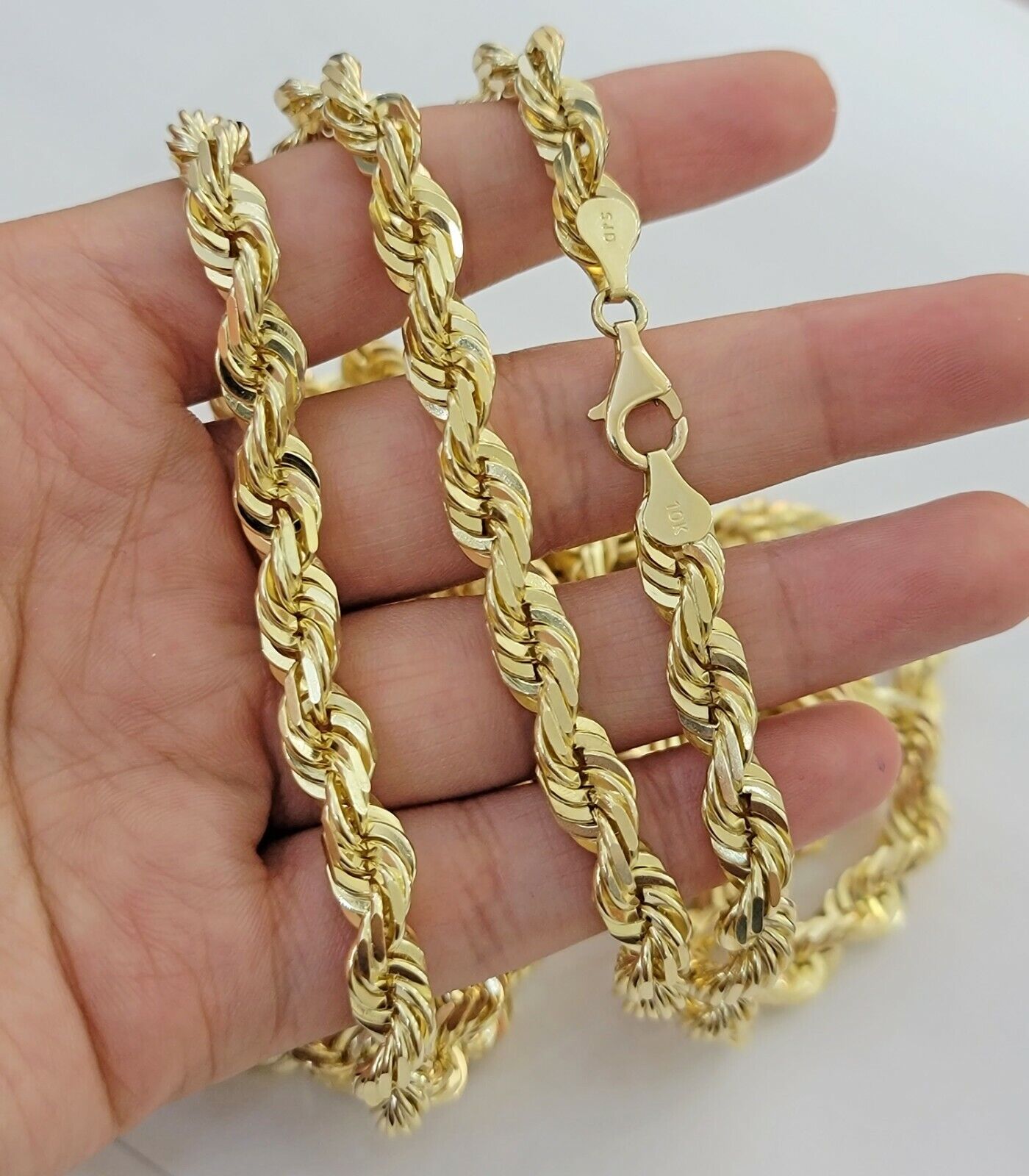Real 10k Gold Solid Rope Chain Mens Necklace 8mm 24" Inch Diamond cuts 10kt - GoldenlinQ