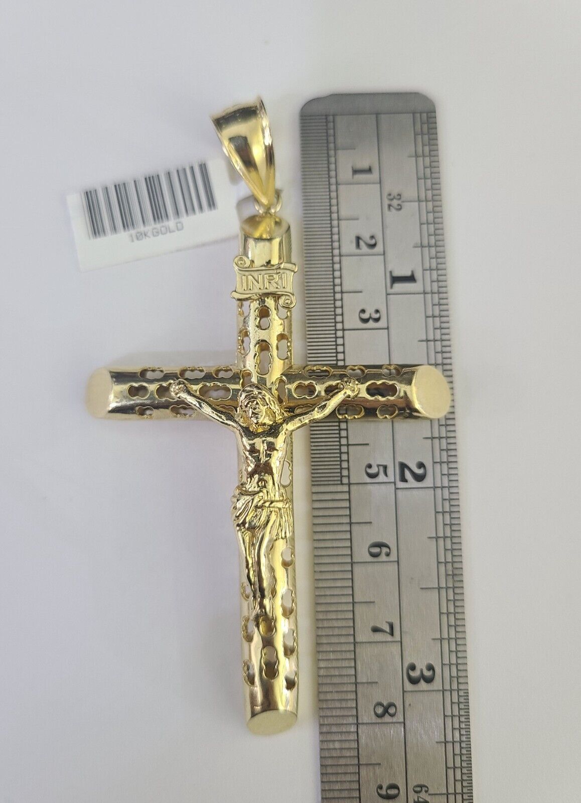 Real 10K INRI Jesus Crucifix Cross Pendant 3" Yellow Gold Charm Genuine - GoldenlinQ