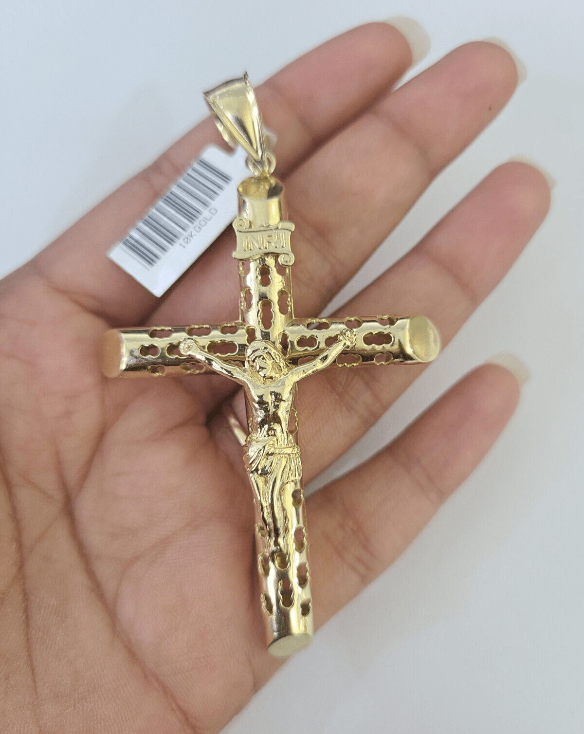 Real 10K INRI Jesus Crucifix Cross Pendant 3" Yellow Gold Charm Genuine - GoldenlinQ