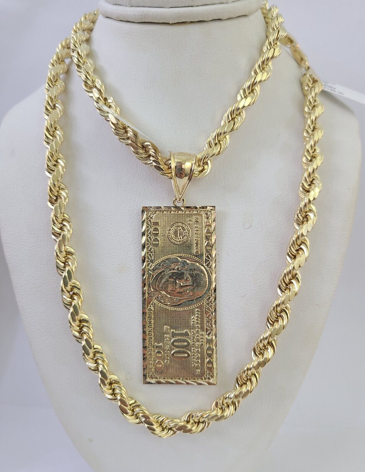 Real 10k Rope Chain 100$ Bill Money Charm Set 7mm 20" - 28" Inch Necklace Gold - GoldenlinQ