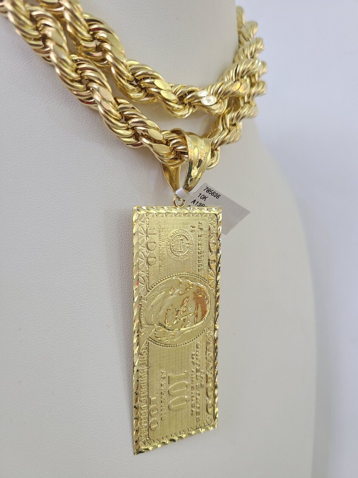 Real 10k Rope Chain 100 Money Dollar Charm Set 10mm 20" - 30" Inch Necklace Gold - GoldenlinQ