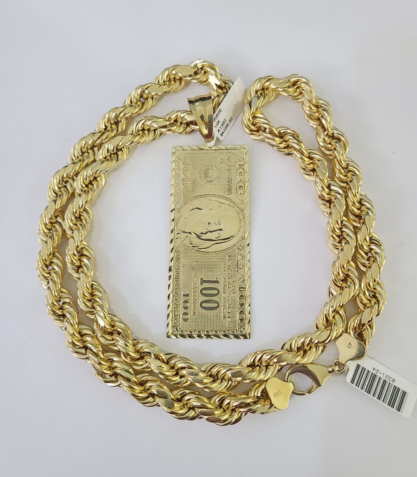 Real 10k Rope Chain 100 Money Dollar Charm Set 10mm 20" - 30" Inch Necklace Gold - GoldenlinQ