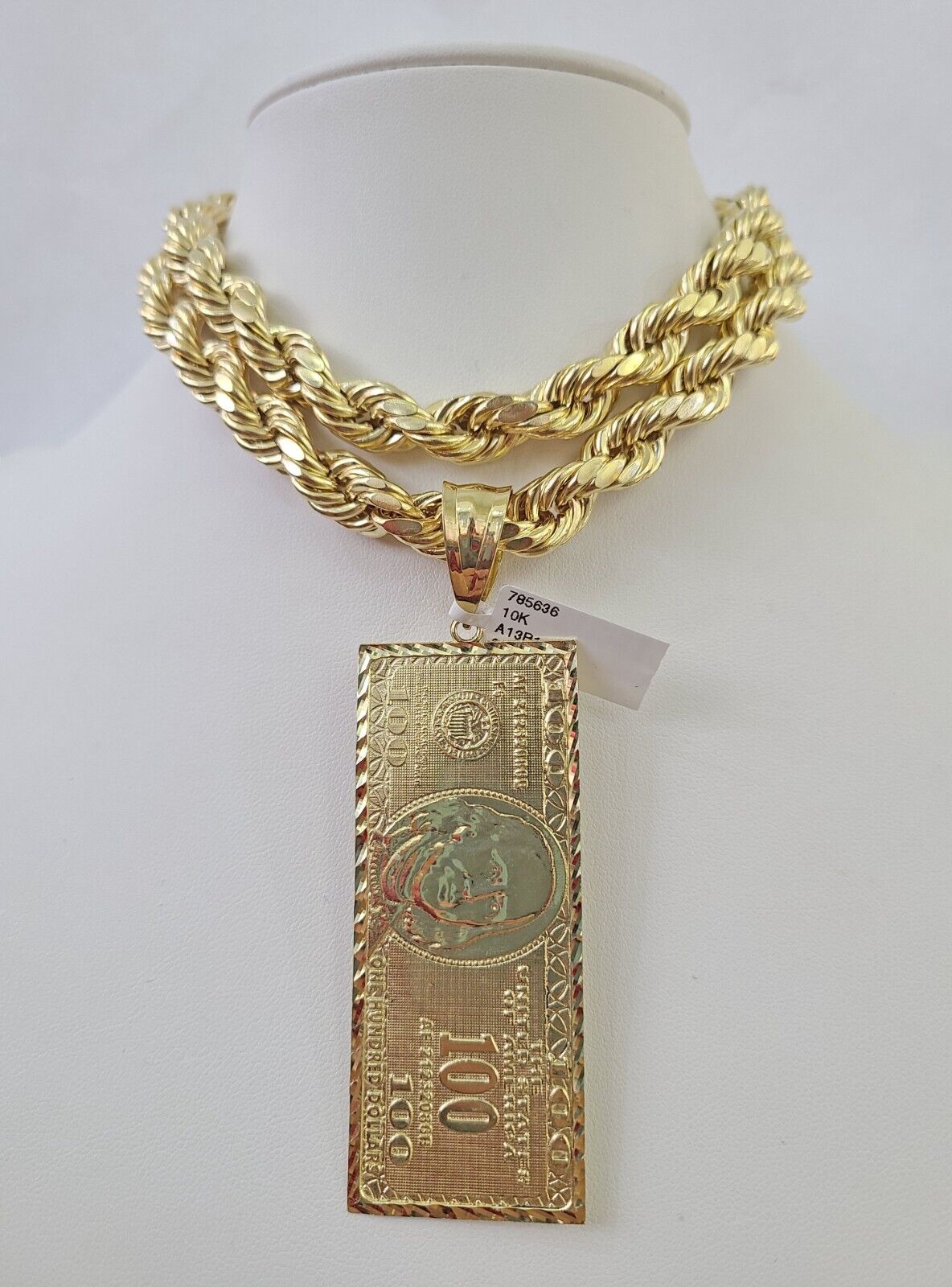 Real 10k Rope Chain 100 Money Dollar Charm Set 10mm 20" - 30" Inch Necklace Gold - GoldenlinQ