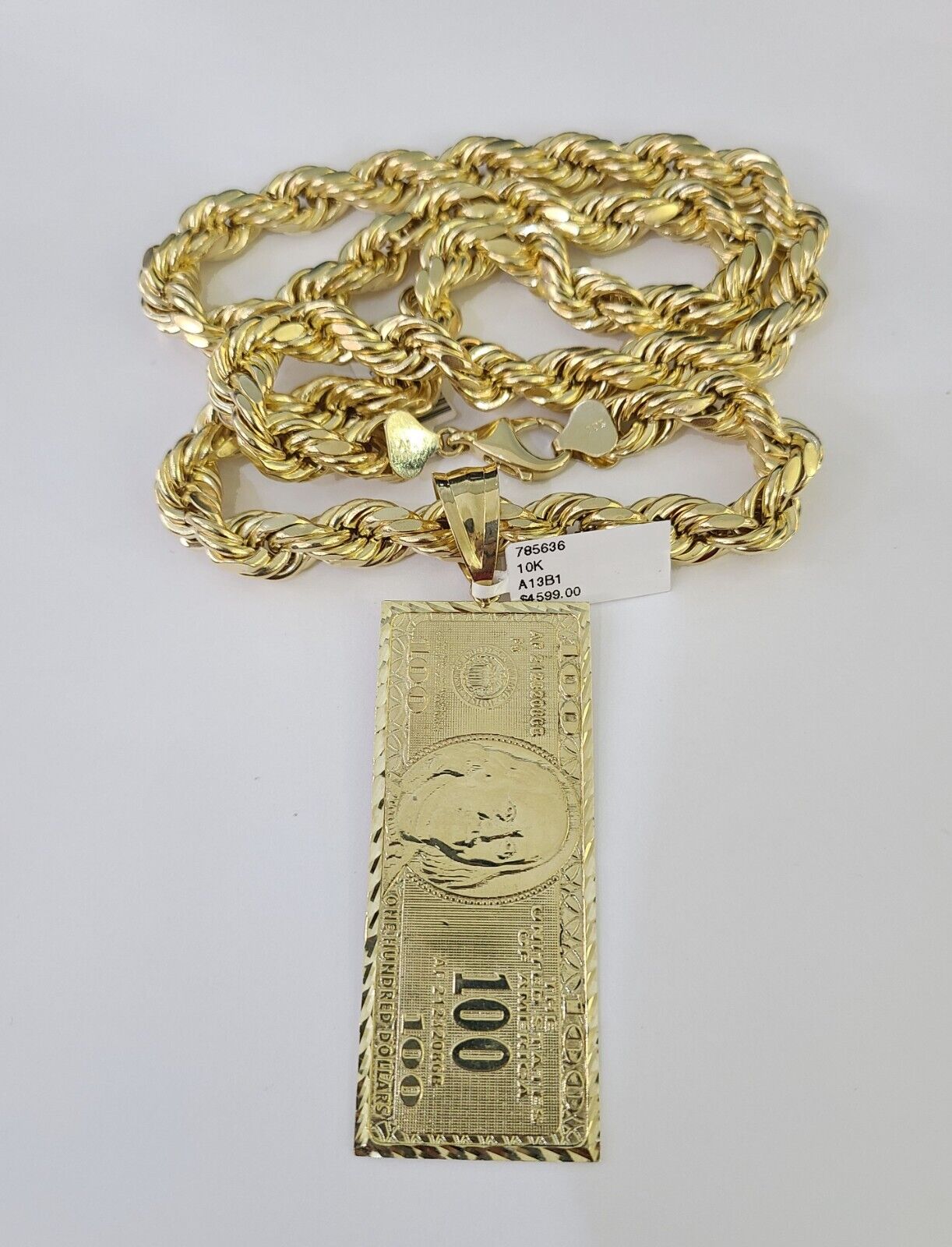 Real 10k Rope Chain 100 Money Dollar Charm Set 10mm 20" - 30" Inch Necklace Gold - GoldenlinQ