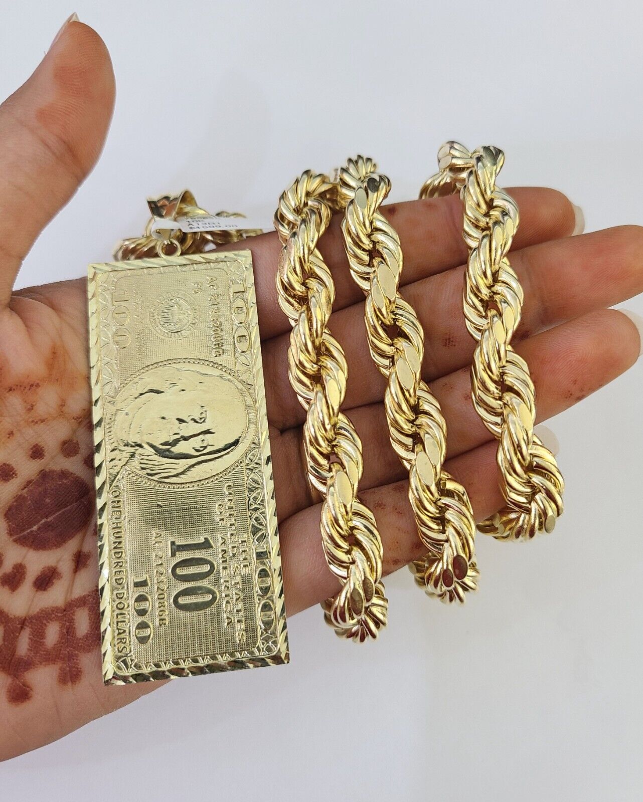 Real 10k Rope Chain 100 Money Dollar Charm Set 10mm 20" - 30" Inch Necklace Gold - GoldenlinQ