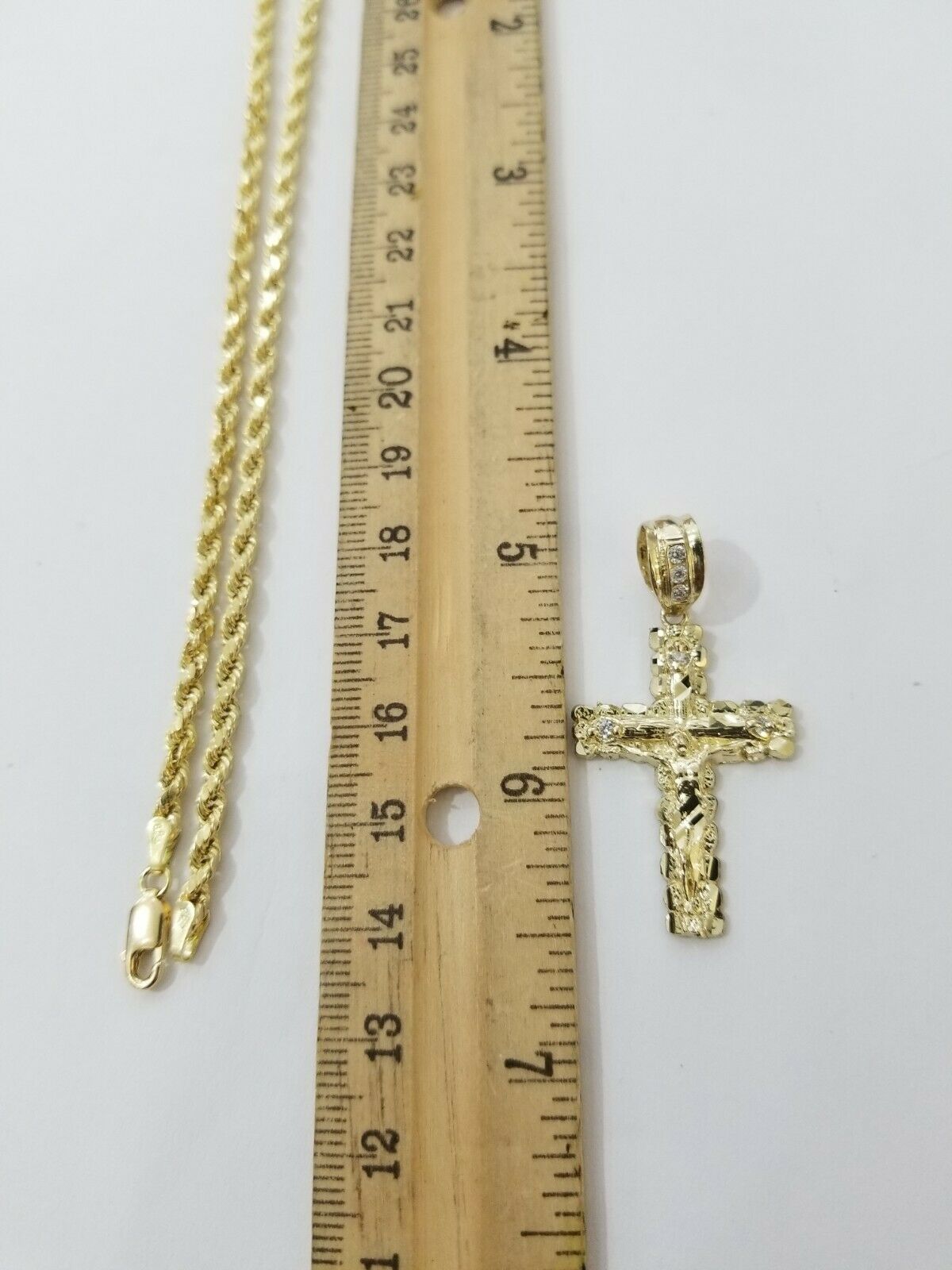 REAL 10k Rope Chain And Cross Charm Pendant 3mm Necklace Jesus Cross Set 16" - 28" - GoldenlinQ
