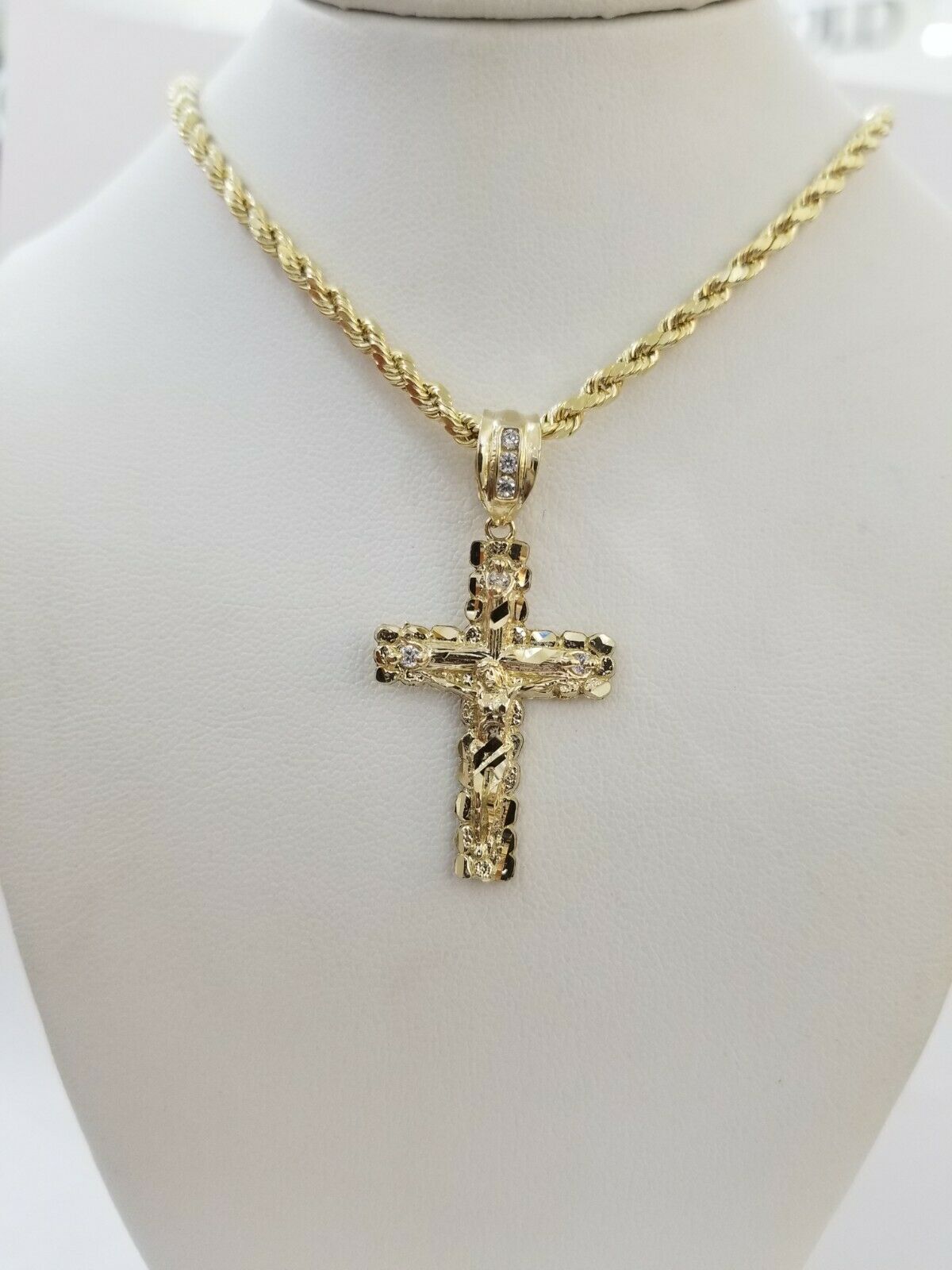 REAL 10k Rope Chain And Cross Charm Pendant 3mm Necklace Jesus Cross Set 16" - 28" - GoldenlinQ