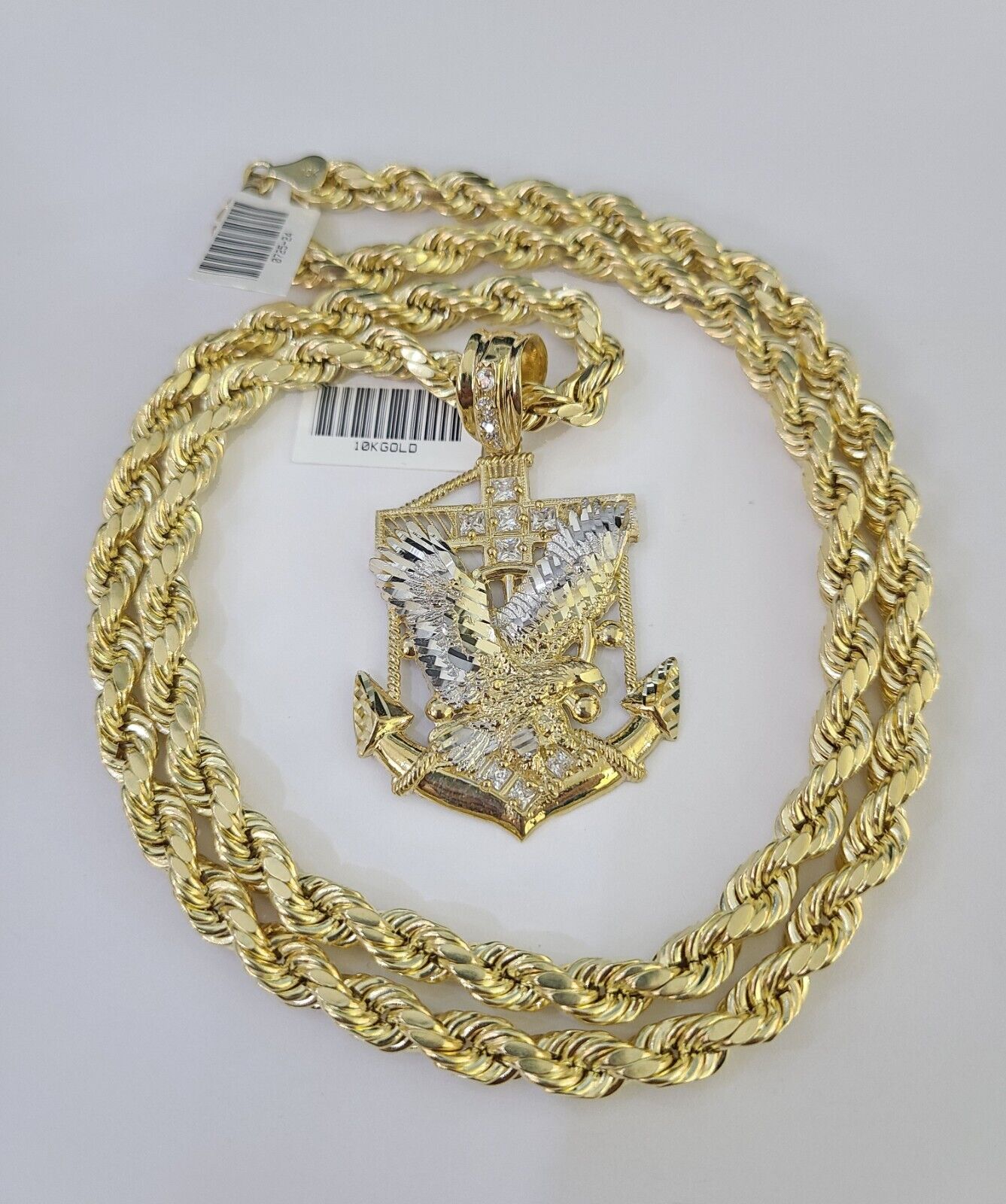Real 10k Rope Chain Eagle Anchor Charm Set 7mm 20" - 28" Inch Necklace Yellow Gold - GoldenlinQ