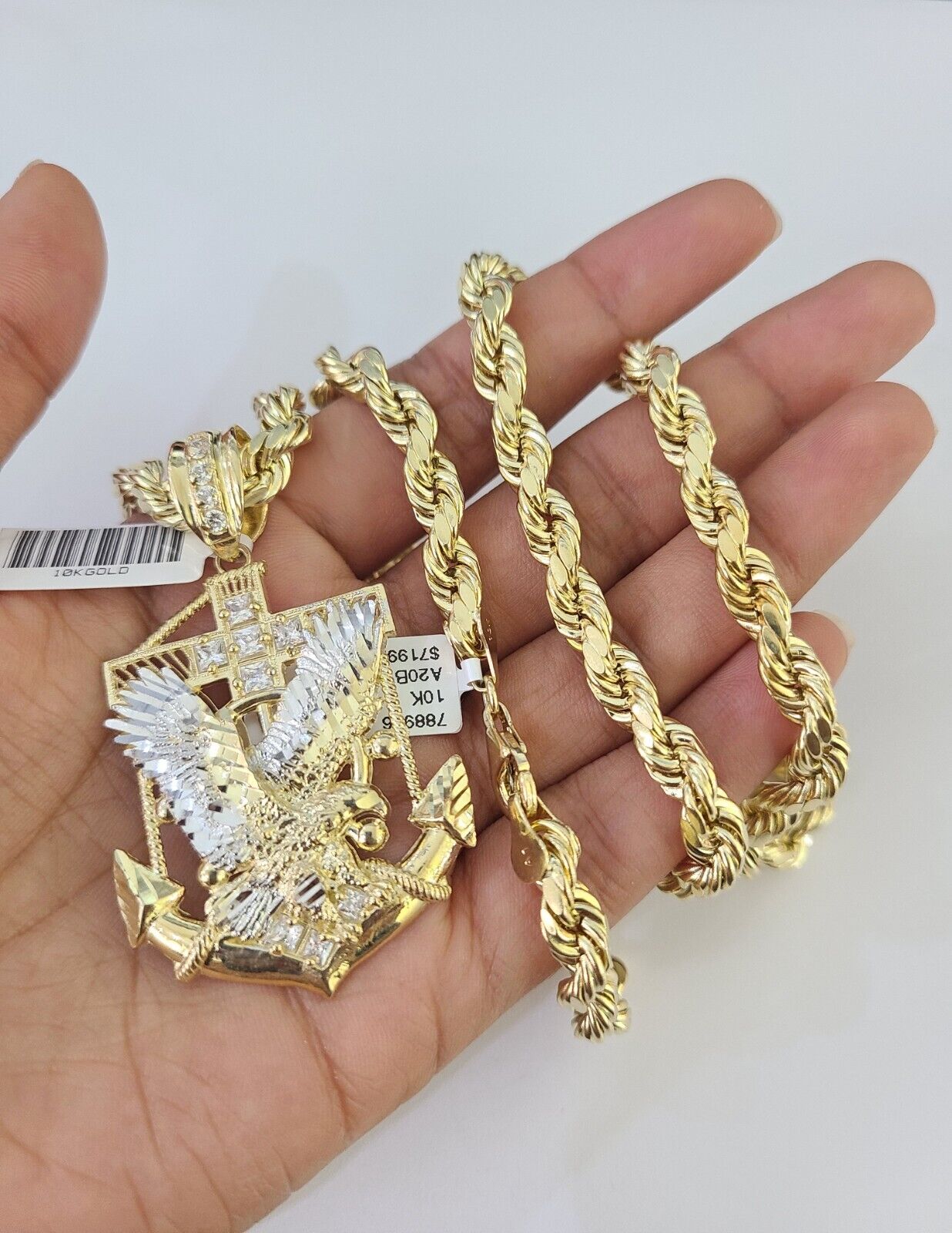 Real 10k Rope Chain Eagle Anchor Charm Set 7mm 20" - 28" Inch Necklace Yellow Gold - GoldenlinQ