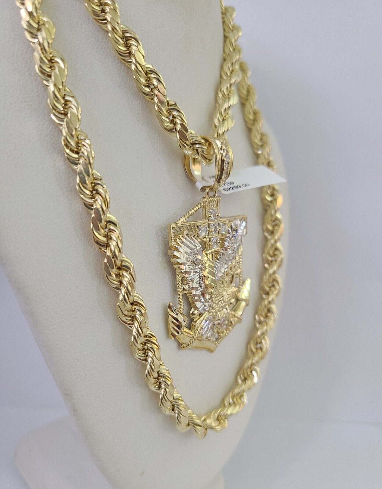 Real 10k Rope Chain Eagle Anchor Charm Set 7mm 20" - 28" Inch Necklace Yellow Gold - GoldenlinQ