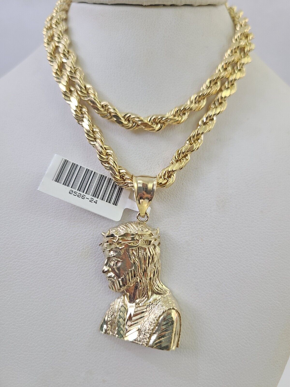 Real 10k Rope Chain Jesus Charm Necklace Pendant Set 5mm 20" - 30" Inch Gold - GoldenlinQ