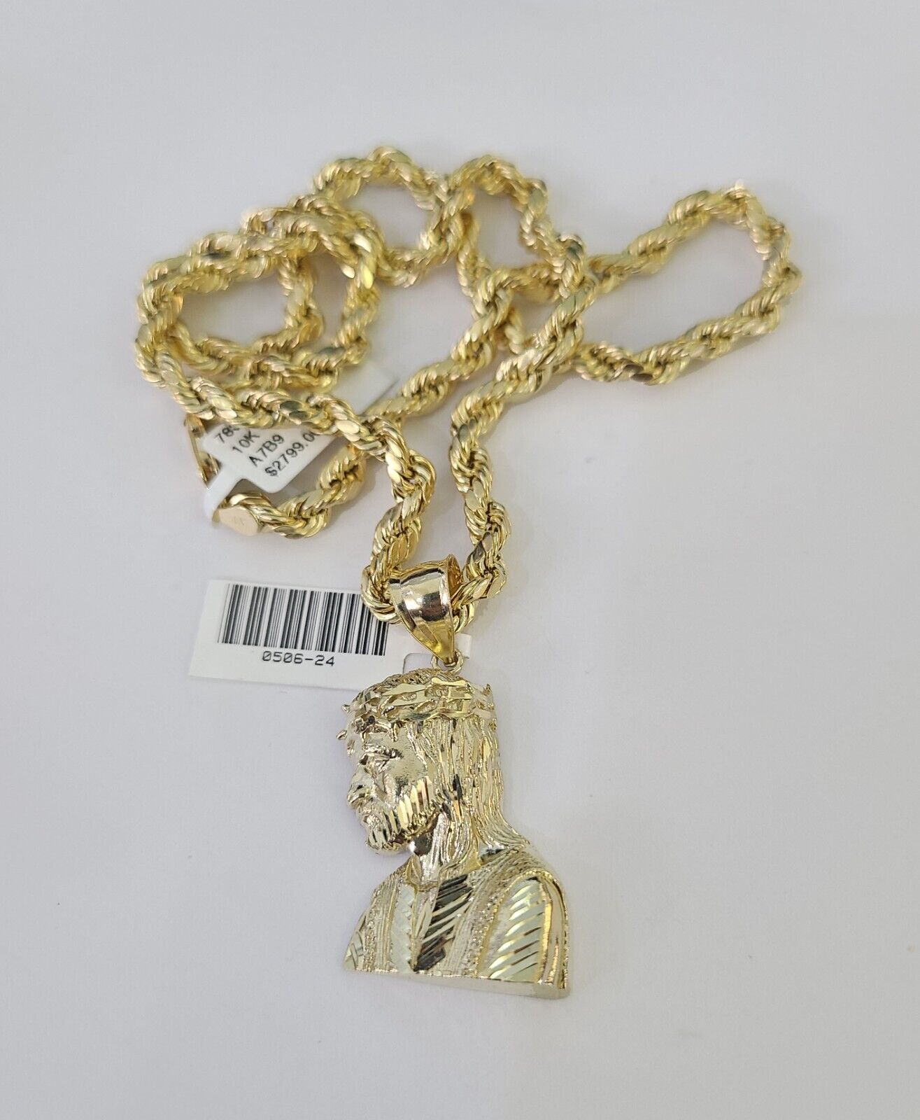 Real 10k Rope Chain Jesus Charm Necklace Pendant Set 5mm 20" - 30" Inch Gold - GoldenlinQ