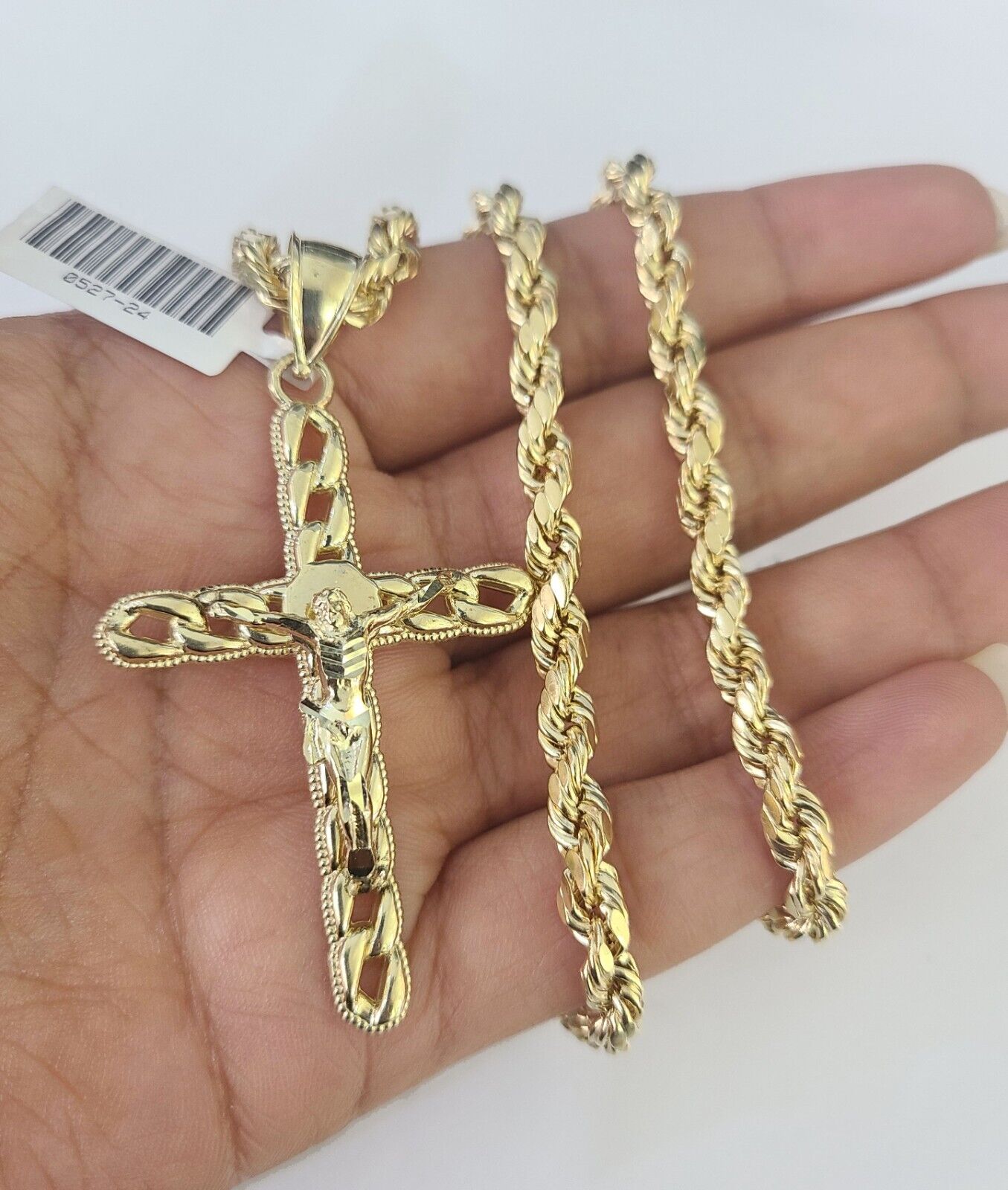 Real 10k Rope Chain Jesus Cross Charm Necklace Pendant Set 5mm 20" - 30" Inch Gold - GoldenlinQ