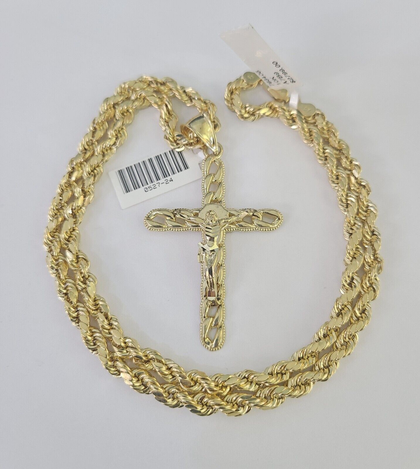 Real 10k Rope Chain Jesus Cross Charm Necklace Pendant Set 5mm 20" - 30" Inch Gold - GoldenlinQ