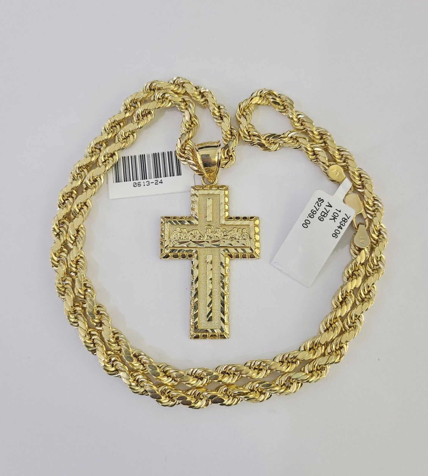 Real 10k Rope Chain Jesus Cross Charm Necklace Pendant Set 5mm 20" - 30" Inch Gold - GoldenlinQ
