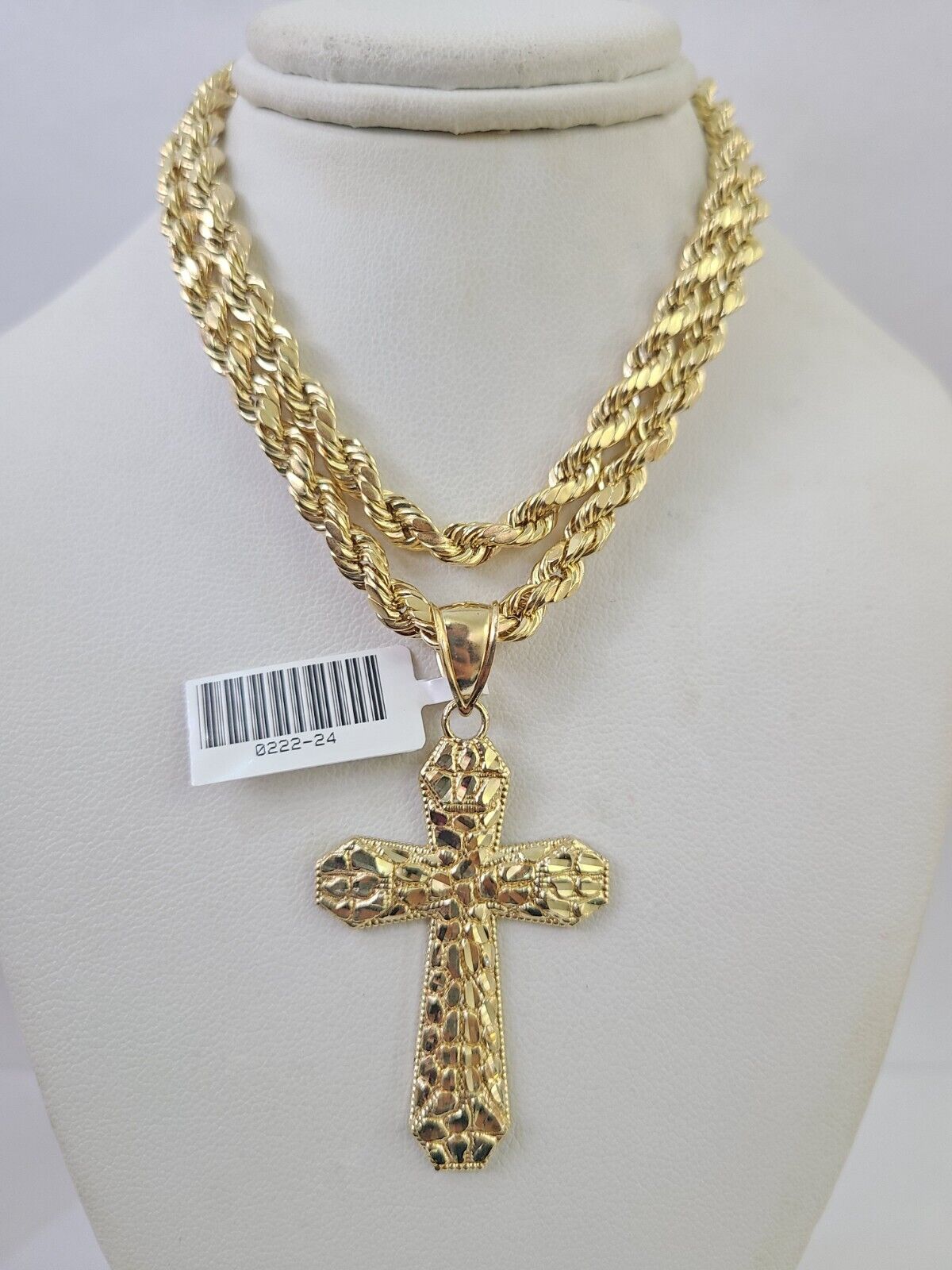 Real 10k Rope Chain Jesus Cross Charm Necklace Pendant Set 5mm 20" - 30" Inch Gold - GoldenlinQ
