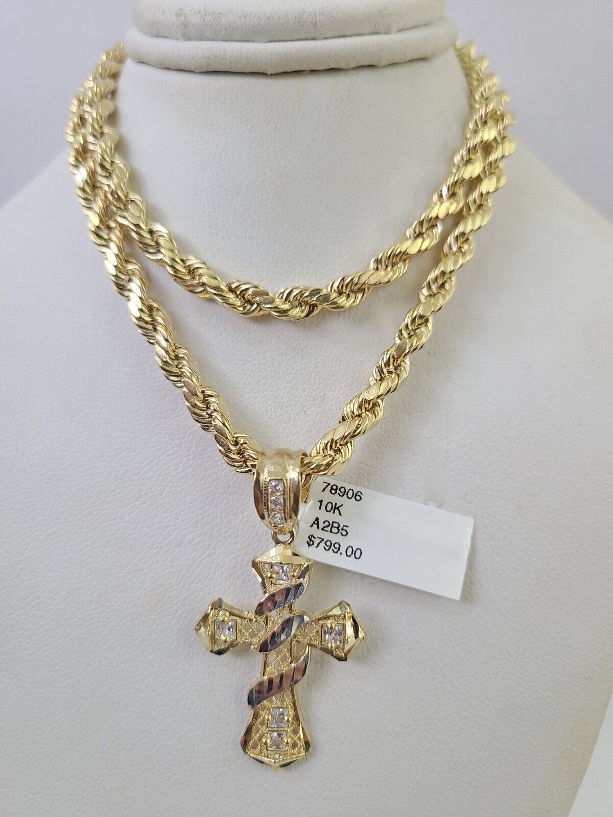 Real 10k Rope Chain Jesus Cross Charm Necklace Pendant Set 5mm 20" - 30" Inch Gold - GoldenlinQ