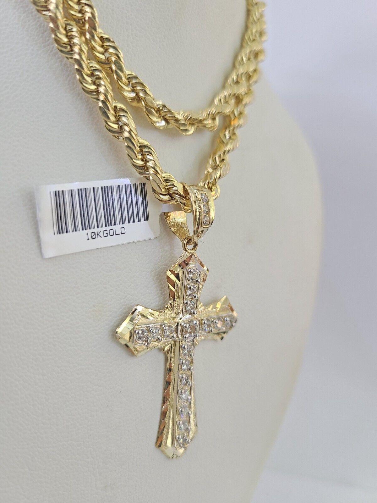 Real 10k Rope Chain Jesus Cross Charm Necklace Pendant Set 5mm 20" - 30" Inch Gold - GoldenlinQ