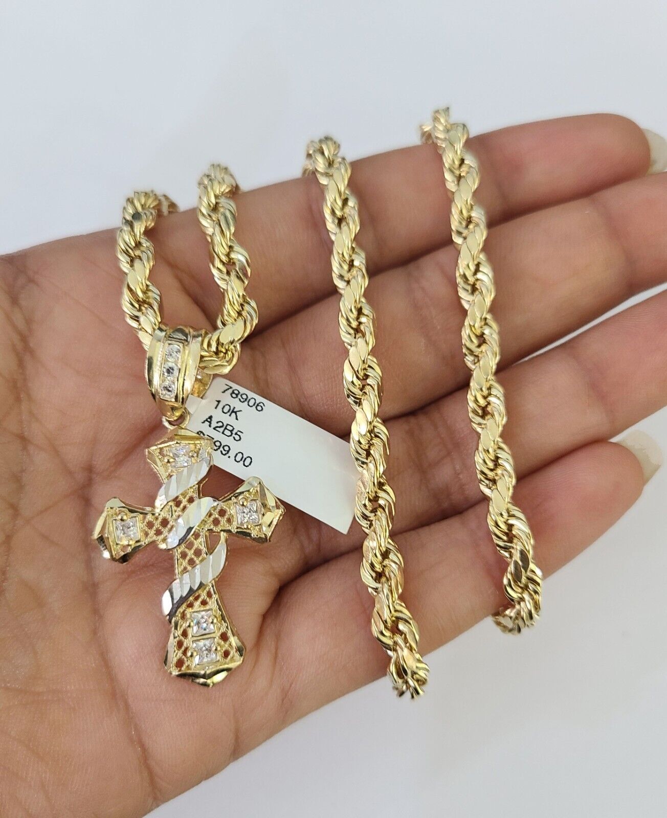 Real 10k Rope Chain Jesus Cross Charm Necklace Pendant Set 5mm 20" - 30" Inch Gold - GoldenlinQ