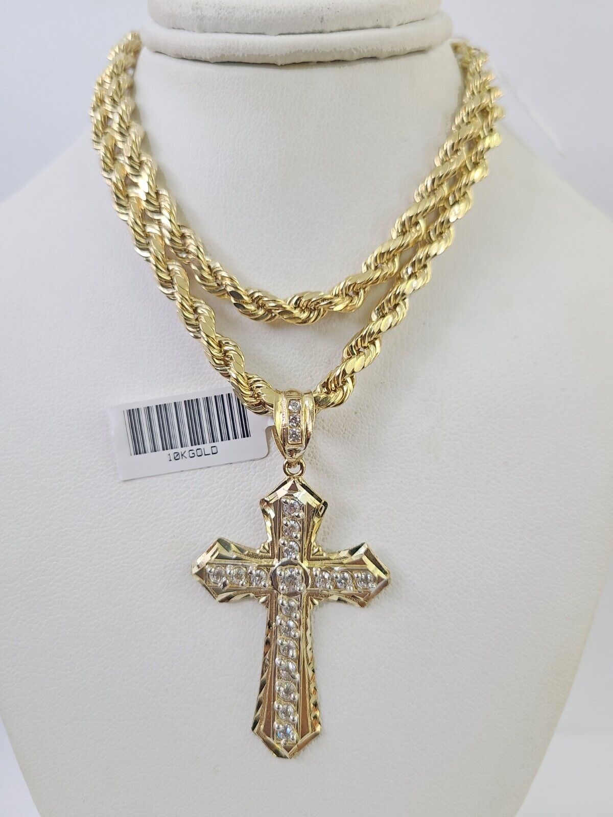 Real 10k Rope Chain Jesus Cross Charm Necklace Pendant Set 5mm 20" - 30" Inch Gold - GoldenlinQ