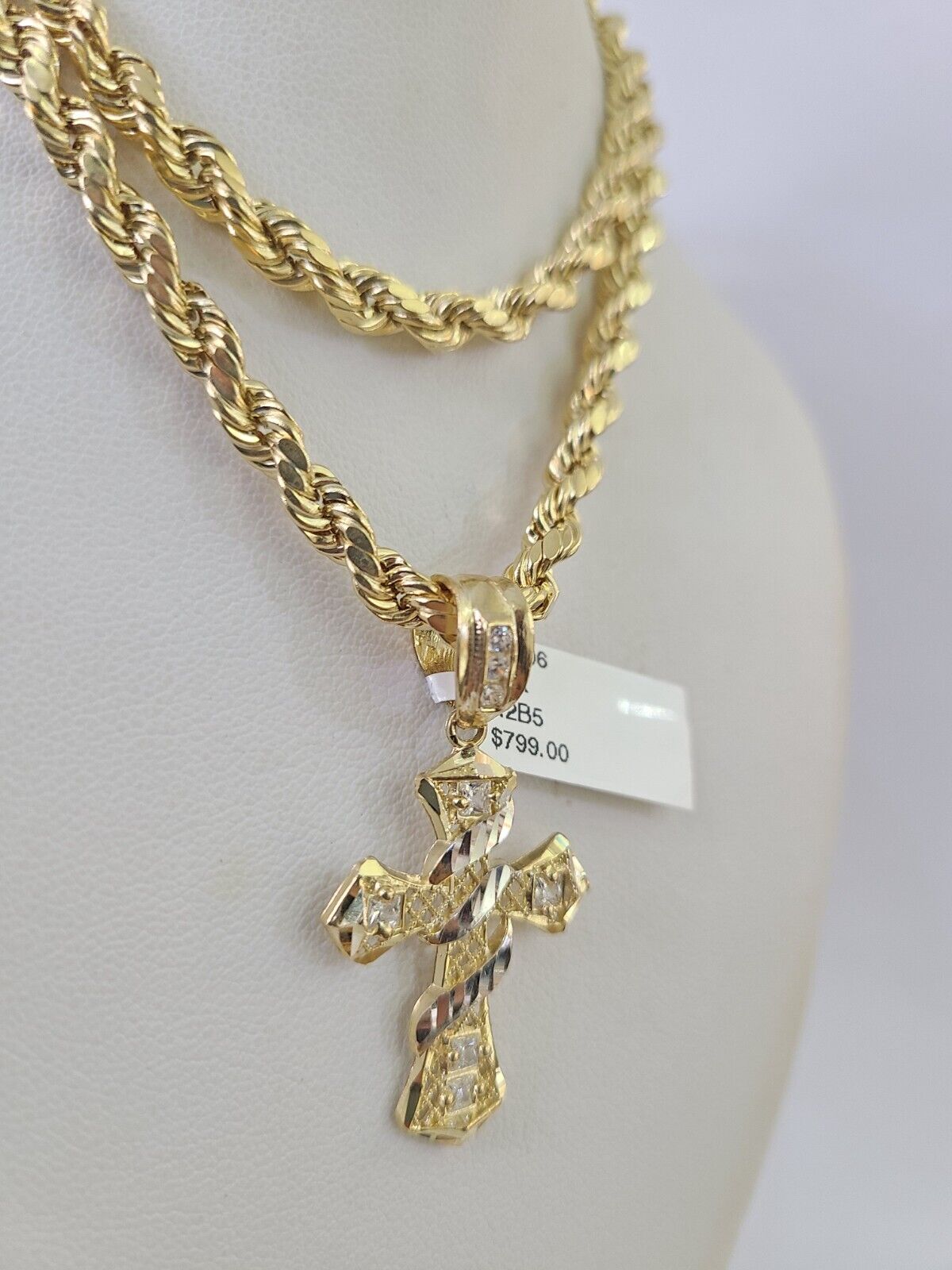Real 10k Rope Chain Jesus Cross Charm Necklace Pendant Set 5mm 20" - 30" Inch Gold - GoldenlinQ