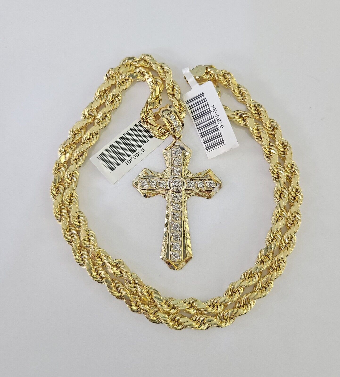 Real 10k Rope Chain Jesus Cross Charm Necklace Pendant Set 5mm 20" - 30" Inch Gold - GoldenlinQ