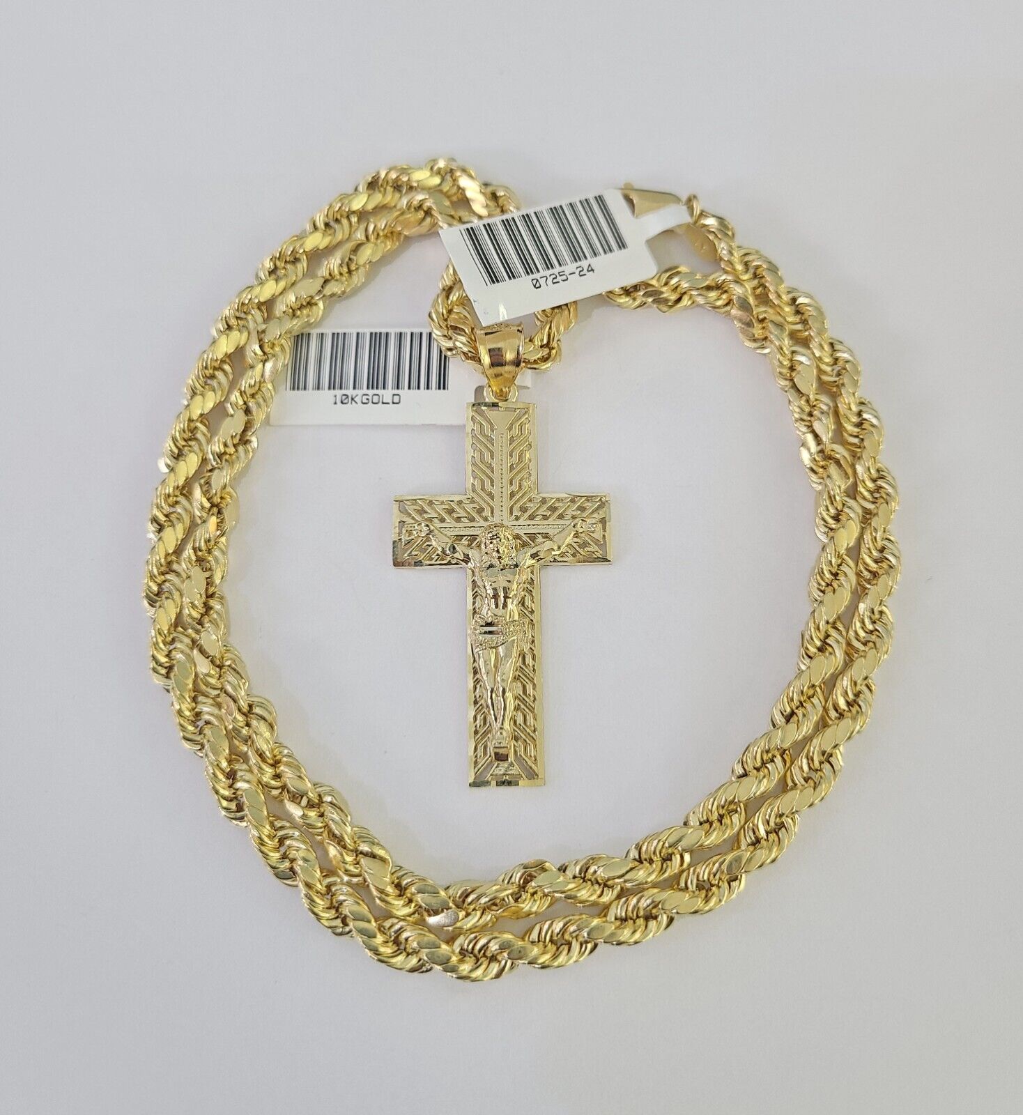 Real 10k Rope Chain Jesus Cross Charm Necklace Pendant Set 5mm 20" - 30" Inch Gold - GoldenlinQ