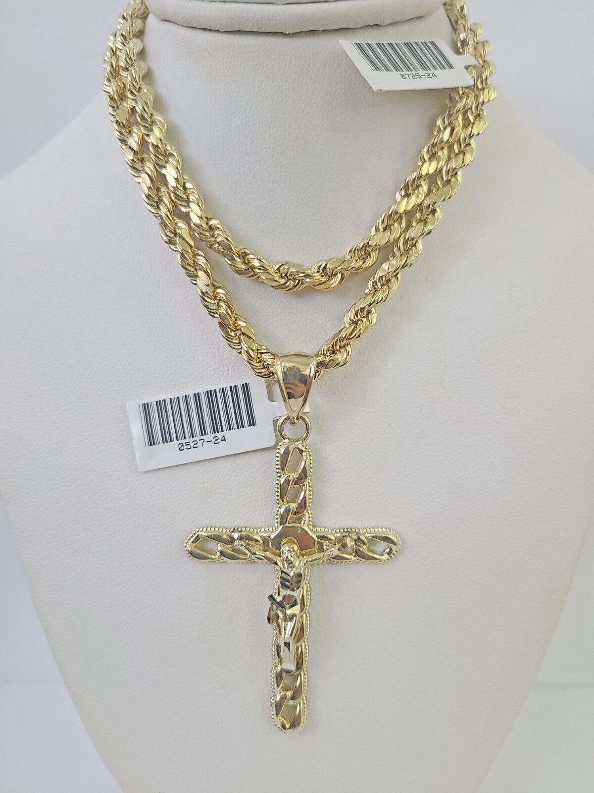 Real 10k Rope Chain Jesus Cross Charm Necklace Pendant Set 5mm 20" - 30" Inch Gold - GoldenlinQ