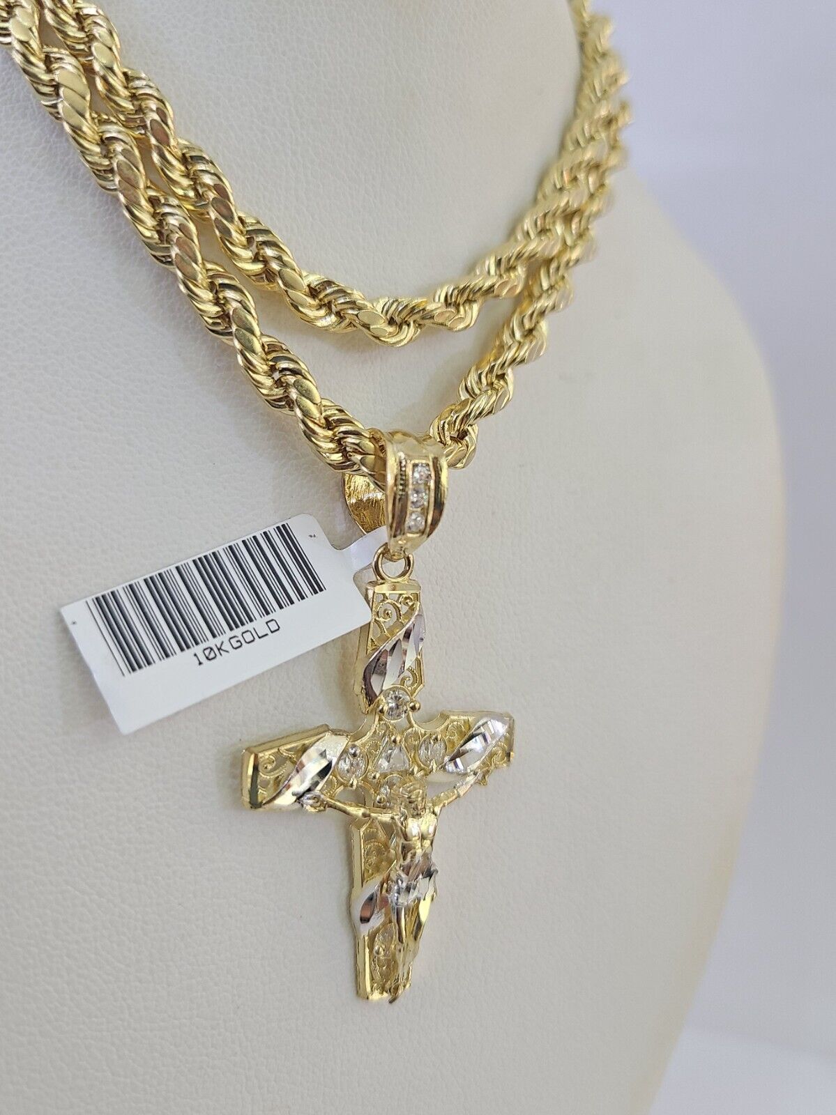 Real 10k Rope Chain Jesus Cross Charm Necklace Pendant Set 5mm 20" - 30" Inch Gold - GoldenlinQ