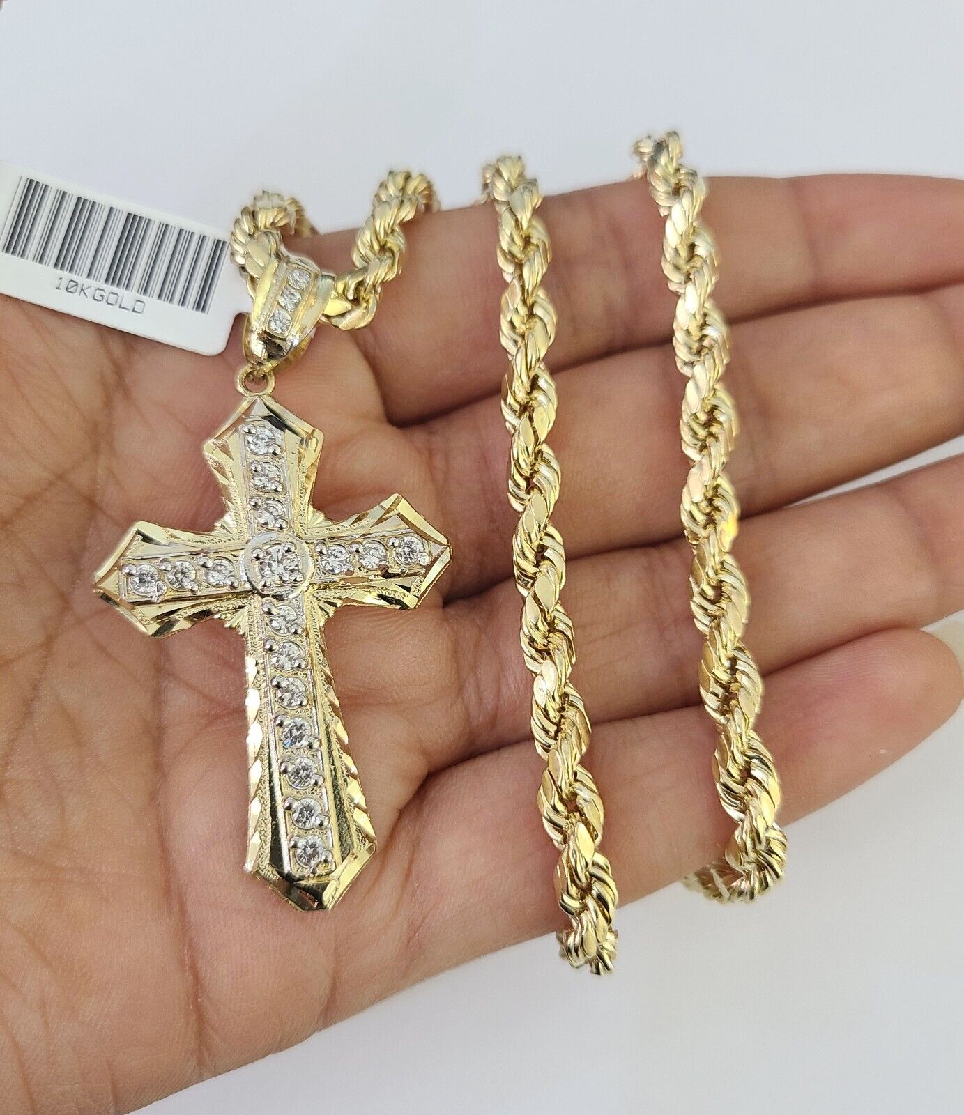 Real 10k Rope Chain Jesus Cross Charm Necklace Pendant Set 5mm 20" - 30" Inch Gold - GoldenlinQ