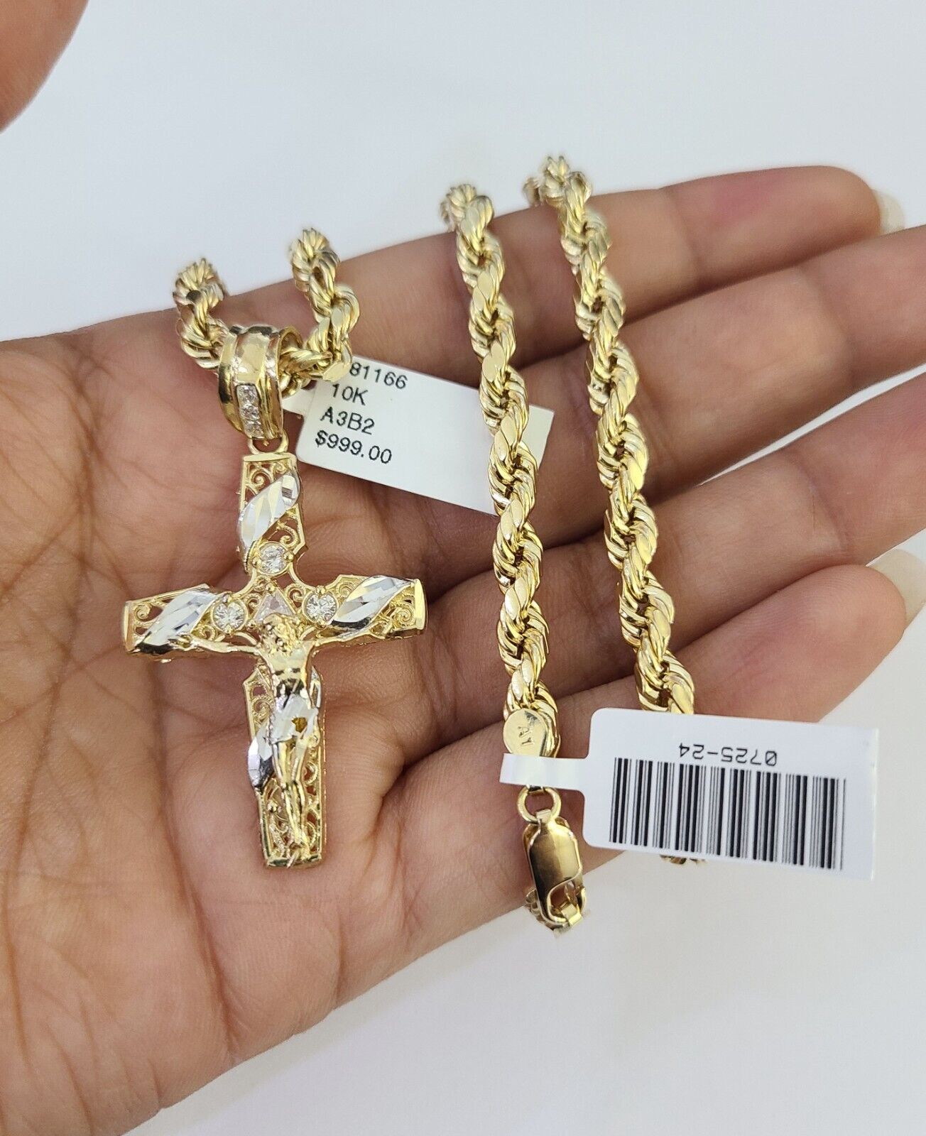 Real 10k Rope Chain Jesus Cross Charm Necklace Pendant Set 5mm 20" - 30" Inch Gold - GoldenlinQ