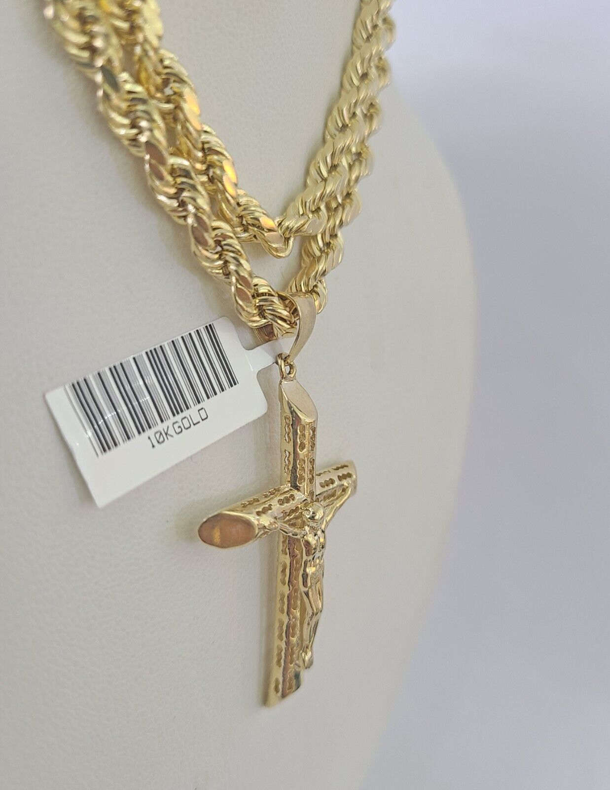 Real 10k Rope Chain Jesus Cross Charm Necklace Pendant Set 5mm 20" - 30" Inch Gold - GoldenlinQ