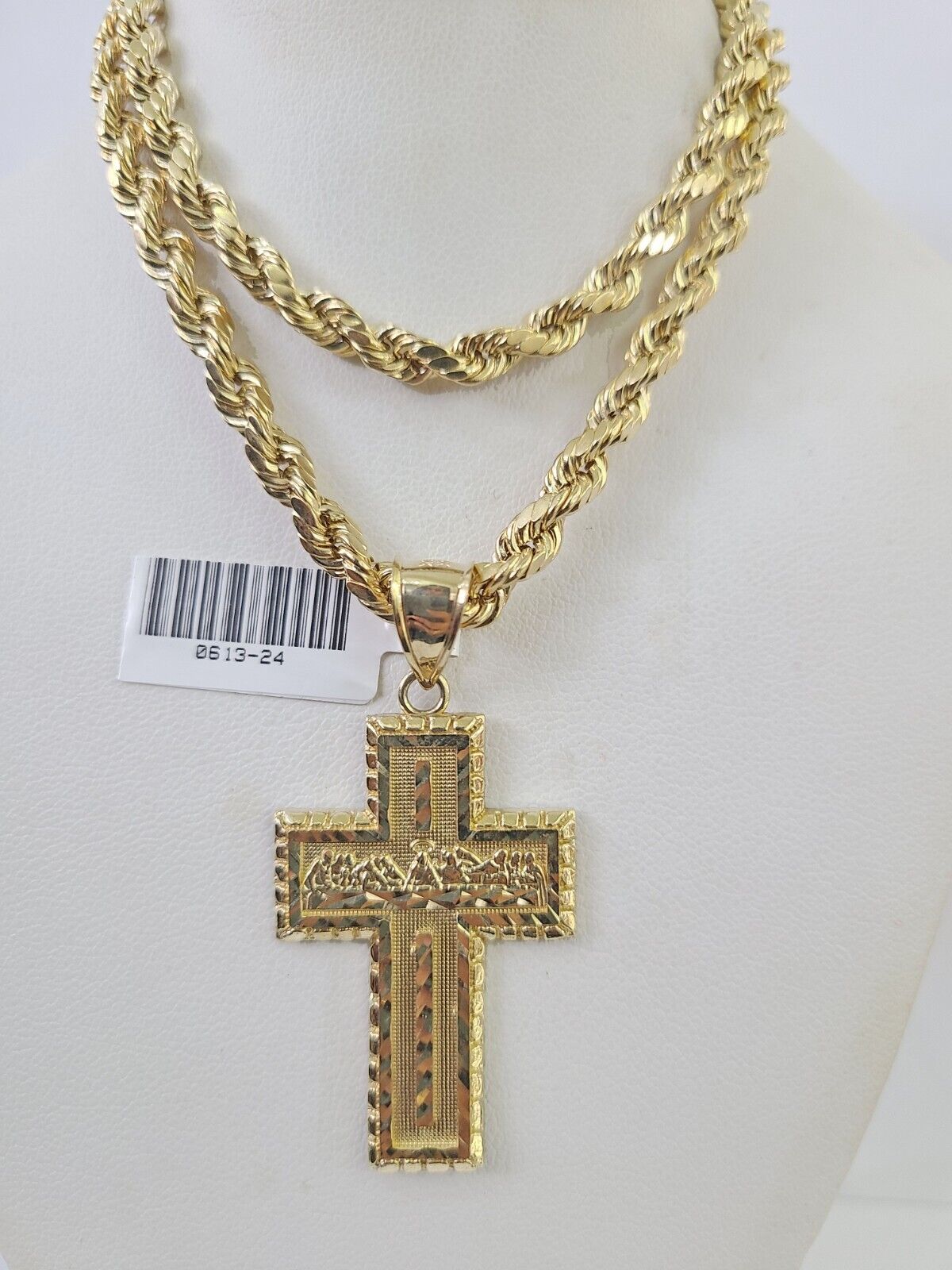 Real 10k Rope Chain Jesus Cross Charm Necklace Pendant Set 5mm 20" - 30" Inch Gold - GoldenlinQ