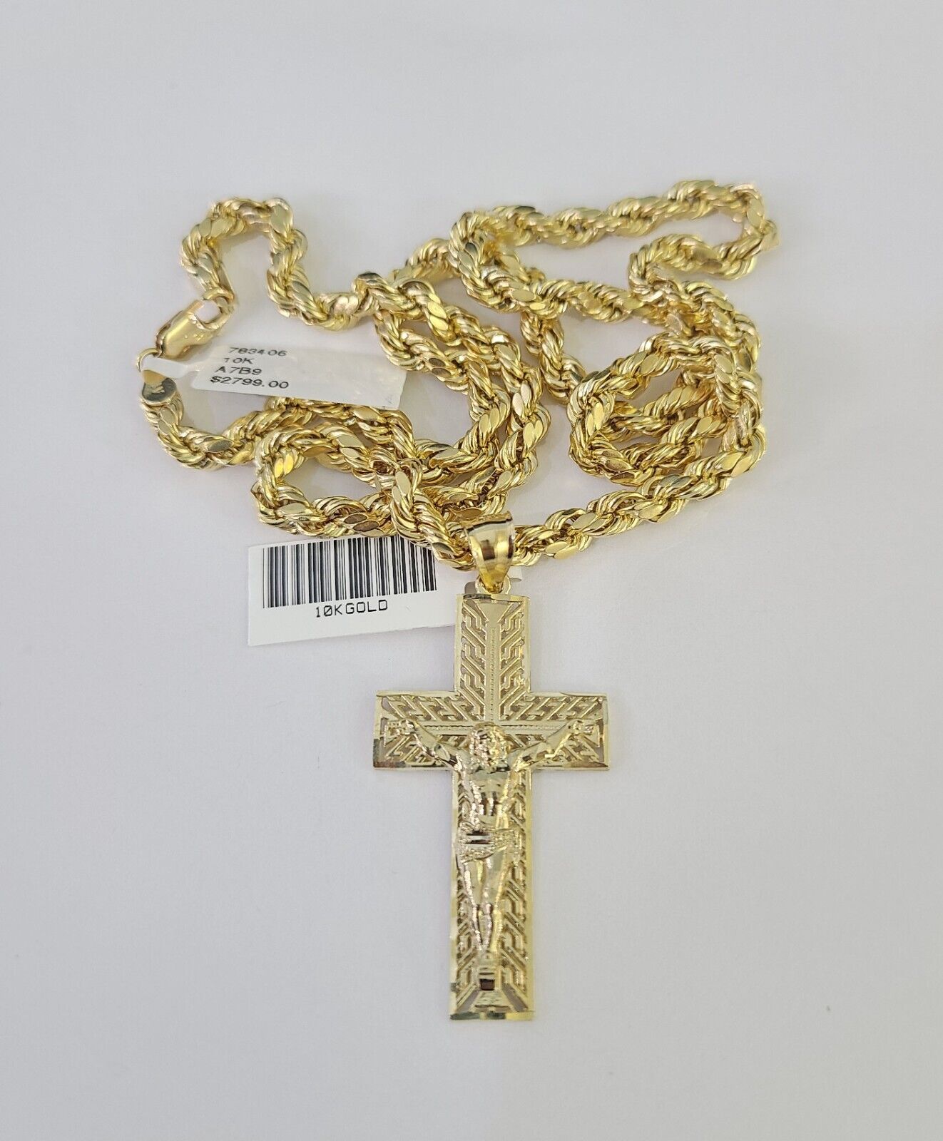 Real 10k Rope Chain Jesus Cross Charm Necklace Pendant Set 5mm 20" - 30" Inch Gold - GoldenlinQ