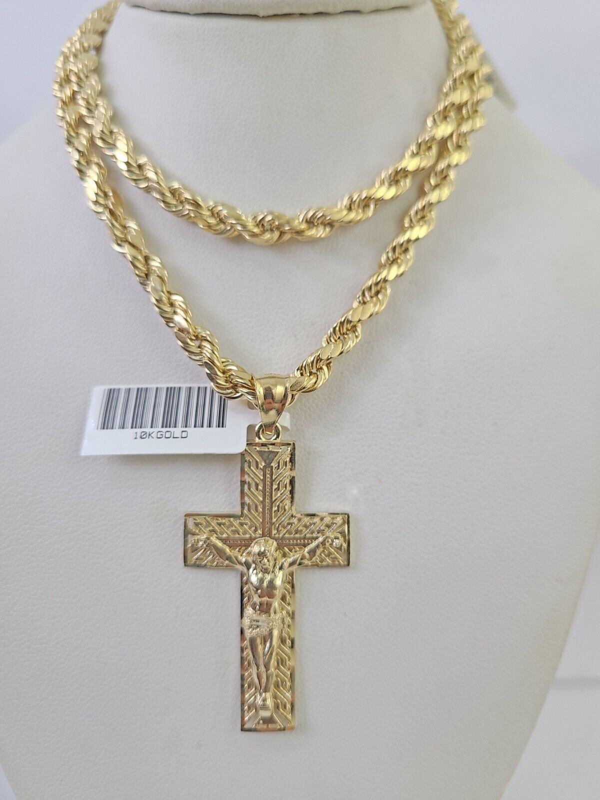 Real 10k Rope Chain Jesus Cross Charm Necklace Pendant Set 5mm 20" - 30" Inch Gold - GoldenlinQ