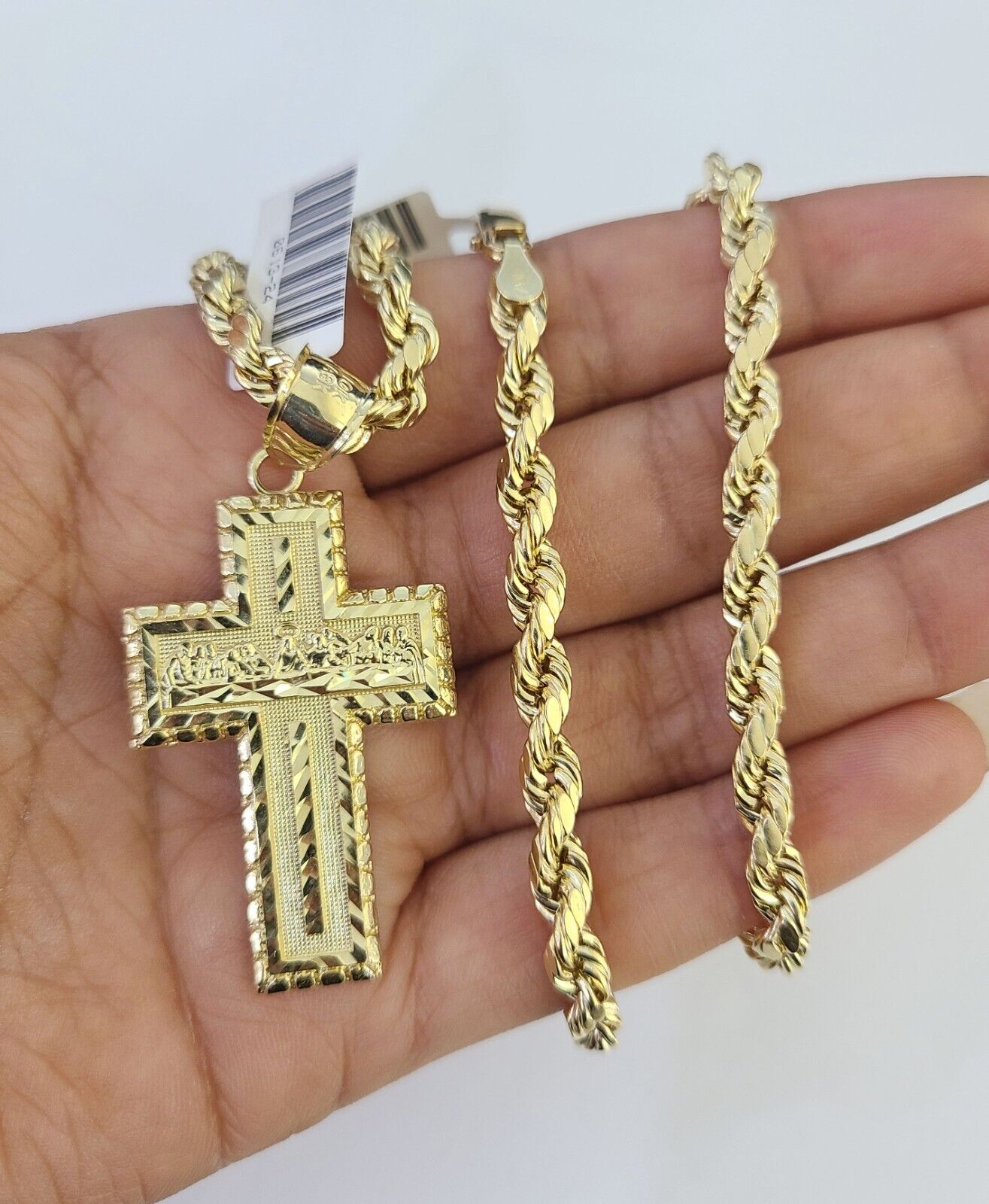 Real 10k Rope Chain Jesus Cross Charm Necklace Pendant Set 5mm 20" - 30" Inch Gold - GoldenlinQ