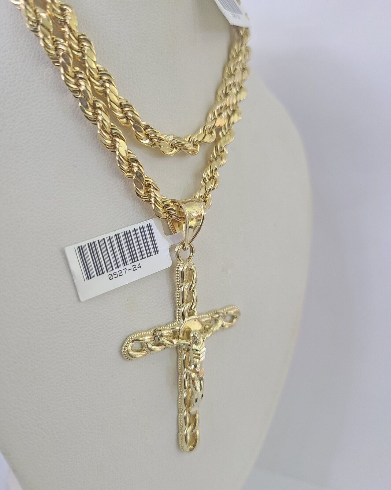 Real 10k Rope Chain Jesus Cross Charm Necklace Pendant Set 5mm 20" - 30" Inch Gold - GoldenlinQ