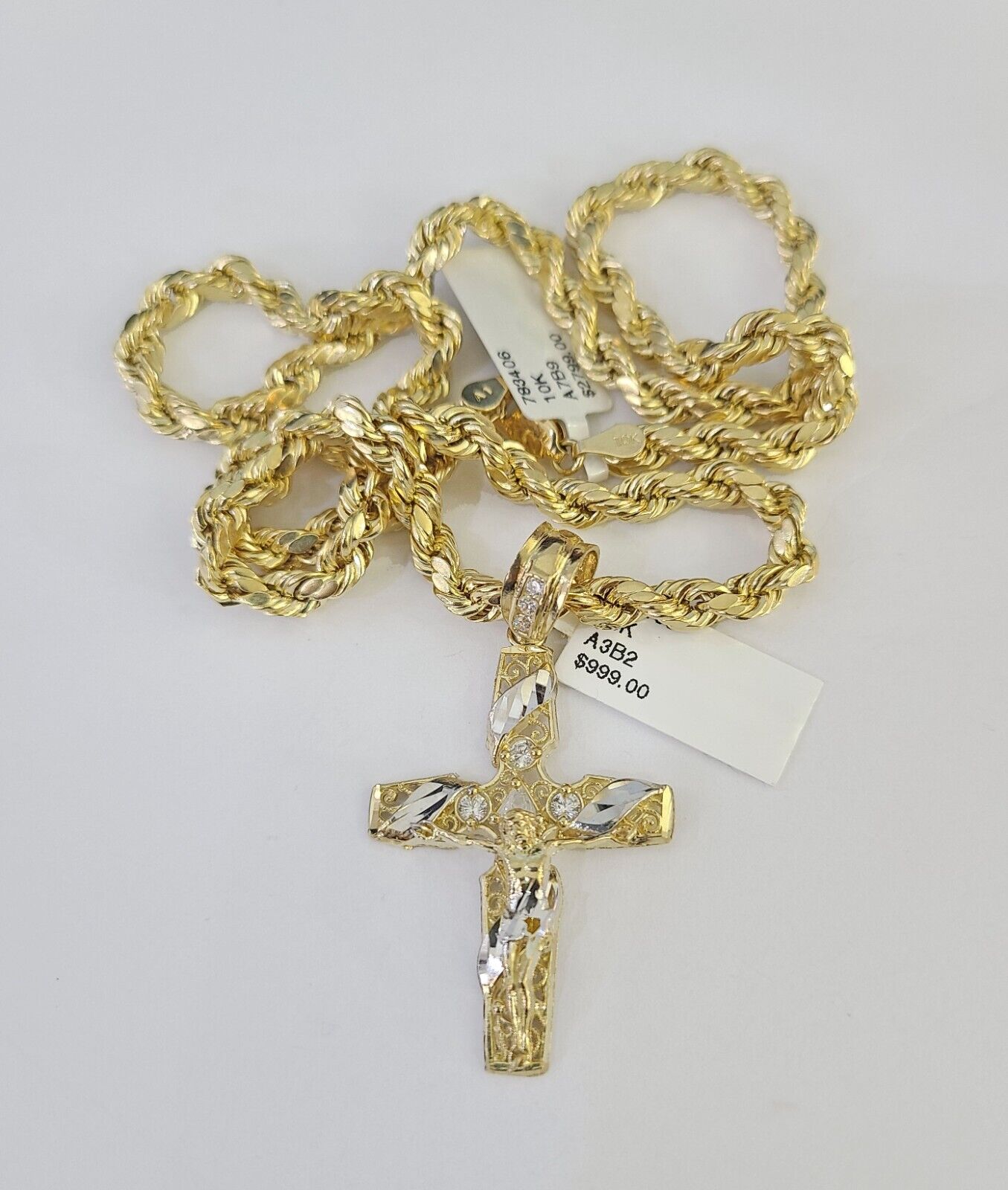 Real 10k Rope Chain Jesus Cross Charm Necklace Pendant Set 5mm 20" - 30" Inch Gold - GoldenlinQ